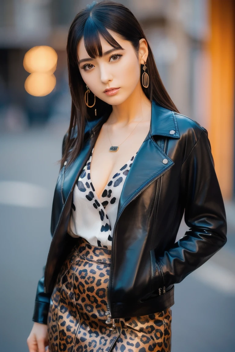 (Highest image quality:1.35), high quality, (8k:1.3), Realistic photos, (A beautiful woman:1.33), (Muscular body:1.2),(Depth of field/1.8), (looking at camera:1.35), Clear focus, (Muscular thighs:1.4), Original Photography, (Stroboscopic photography:1.5), Super Detail, High Detail, high quality, high resolution, (From head to knees:1.4), Masterpiece of art, exquisite work, high quality, and realistic details. In the center of the scene is a lady with wavy hair, a headband, square-framed glasses, filled eyebrows, blush, eyeshadow, heavy makeup, and red lips. She is dressed in a business suit with a thousand bird pattern, a white silk shirt, and wears black pleated shorts, tight stockings, black silky tights, and high heels. Her skin is fair and delicate, she sports a Rolex watch, pearl necklace, hand chain, and wedding ring. With her voluptuous thighs and slender body,spread legs.big breasts。sitting on the middle street