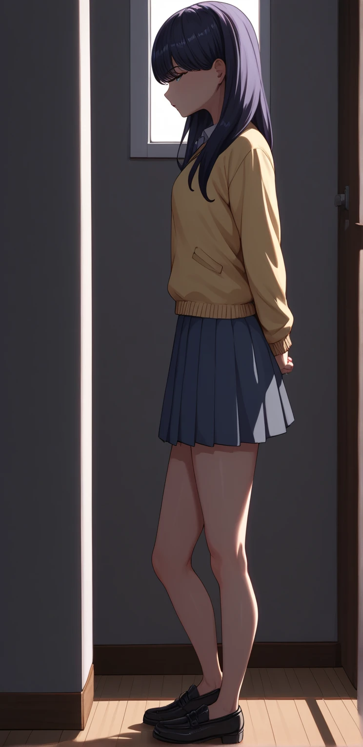 Kuroda:  dressed in a school uniform, From the side side side view .   full body shows  