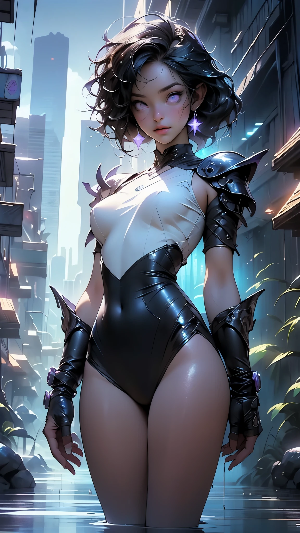 girl spacepunk,(1girl),((cute and beautiful black haired girl)),
(large breasts:1.4),saggy breasts,(((black wavy hair:1.35,absurdly long unkempt hair,messy hair,colored inner hair,ear breathing))),(((purple_eyes:1.3))),intricate eyes,beautiful detailed eyes,symmetrical eyes,((fat)),(((lustrous skin:1.5,bright skin: 1.5,skin tanned,shiny skin,very shiny skin,shiny body,plastic glitter skin,exaggerated shiny skin,illuminated skin,wet legs))),(spider lower abdomen,narrow waist,wide hip,athletic body,inflated legs, thick thighs,detailed body,(detailed face)),
cute,slutty,erotic,((nsfw)),
zettai ryouiki,revealing clothing,show skin,(wearing a mechanical space body armor:1.3,micro armor bikini,bare legs),with micro clothes,almost totally naked,with little clothing,tiny thong,generous neckline,(((wet clothes,intricate outfit,intricate clothes))),
dynamic pose:1.0,embarrassed,(centered,scale to fit dimensions,Rule of thirds),
cyberpunk city by the ocean at night, with bright neon signs and dark stormy clouds and puddles, scenery:1.25,nighttime, starry night, cosmos,Very dark night that makes the neon lights stand out, very bright neon lights,nighttime, starry night, cosmos,
artistic photography,(photography taken by sldr),highres, sharp focus,(ultra detailed, extremely detailed), (photorealistic artwork:1.37),(extremely detailed CG unity 8k wallpaper),((synthwave background theme)),(((vibrant colors))),intricate,(intricate background),(masterpiece),(best quality),perfect rendered face,perfect face details,realistic face,photo realistic,analog style,((intricate detail)),(((realism))),