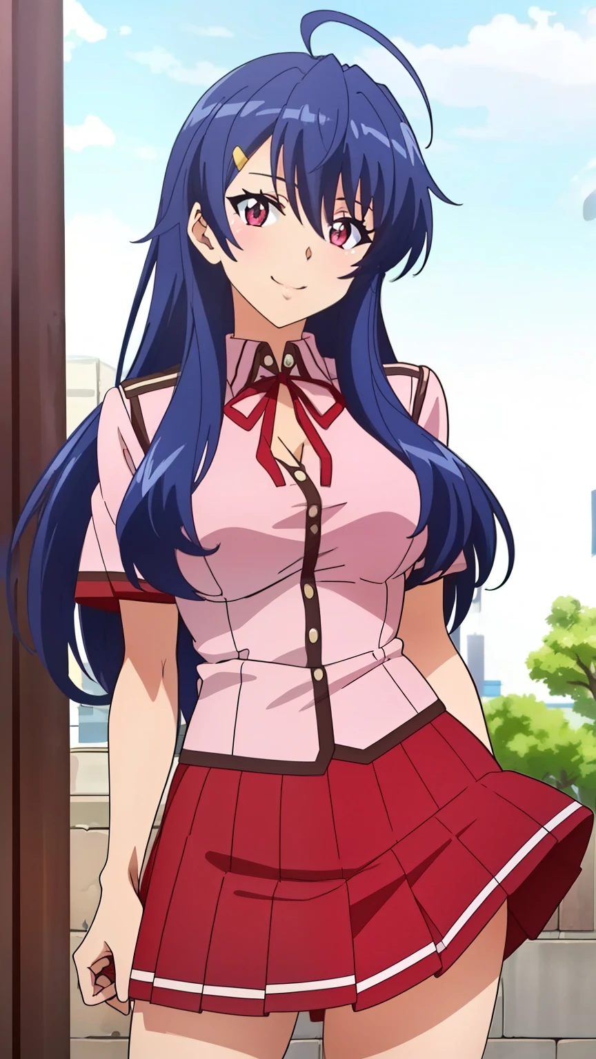 (Top quality, masterpiece, 8k), (Realistic skin texture), (anime coloring), very detailed, very detailed, beautiful eyes, perfect eyes, detailed eyes, feature large highlight, detailed face, ultra-detailed, detailed eyes, symmetrical eyes, (dynamic angle), sharp details, reiko, 1girl, solo, standard height, blue hair, long hair, hairclip, ahoge, red eyes, (slender), (slim), (medium breasts:1.2), (neck ribbon, pink Y-shirt, short sleeves, red mini skirt, smile, park, standing), (cowboy shot:1.2),