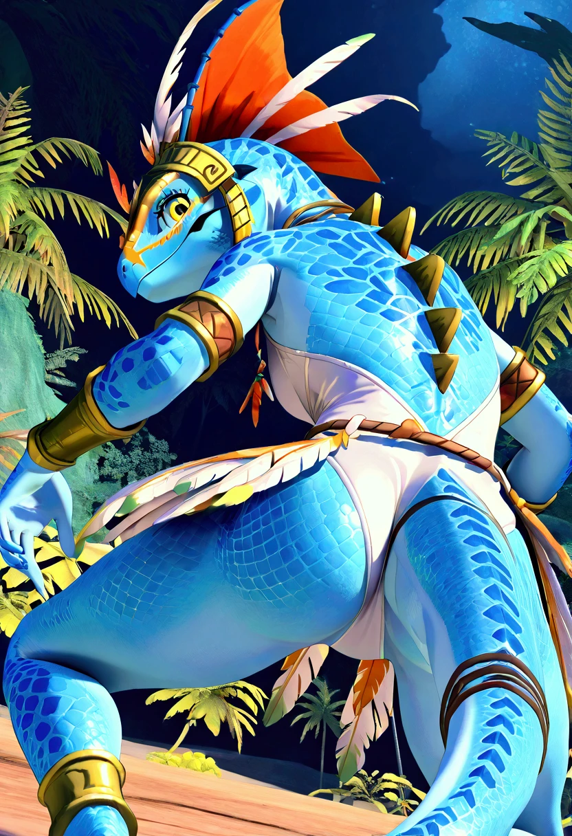 3d , female , SkinkSkirmisher , solo, looking at the viewer seductivly ,scalie ,blue body, blue scales, yellow eyes, simple background, jungle temple background, late night, tropical forest, dense vegetation, wearing edgCarnival, white silver shiny costume with white feathers, one-piece bodysuit, white silver shiny leotard, jewelry, white feather pan headress, white feather skirt, bracers with white feather, close mouth, good hand, dynamic angle, dancing pose, beautiful face, flawless face, detailed eyes, large eyes, beautiful girl, low angle view, dancing, seductive, from behind, back, rear back,