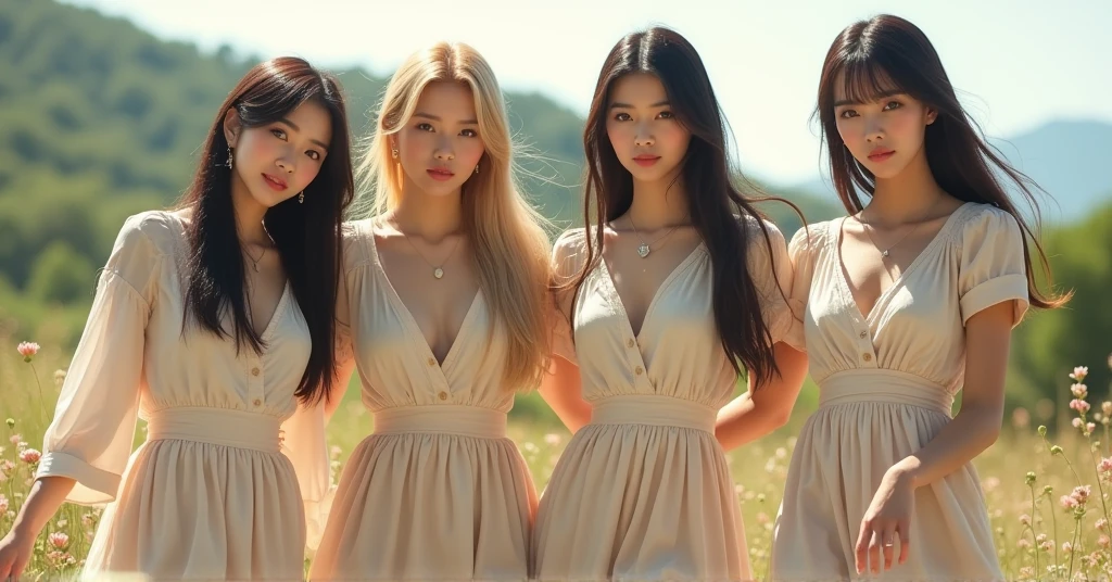 masterpiece, high quality, Bokeh, beautiful face,( 3 girls only), (girl one Scottish ginger hair, girl two Scandinavian blonde hair, girl three Persian brunette hair )Harem, 3 girls photo, medium breast long hair, Pink , looking at the viewer, gabuliuss park forest, Upper body shot,