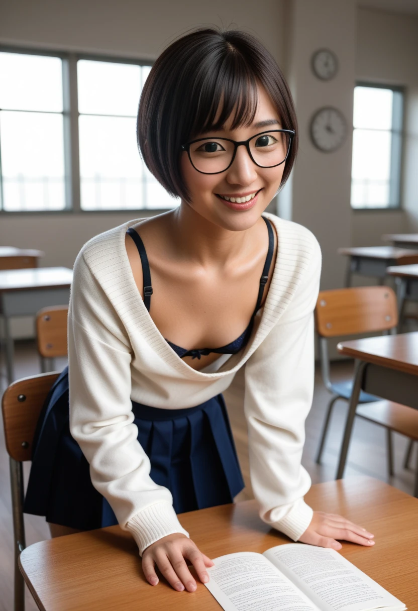 8k、masterpiece、Japanese、Woman wearing glasses、anise、from the front、smile、Childish、Big Breasts、Sheer School Swimsuit、night、Study、Blowjob