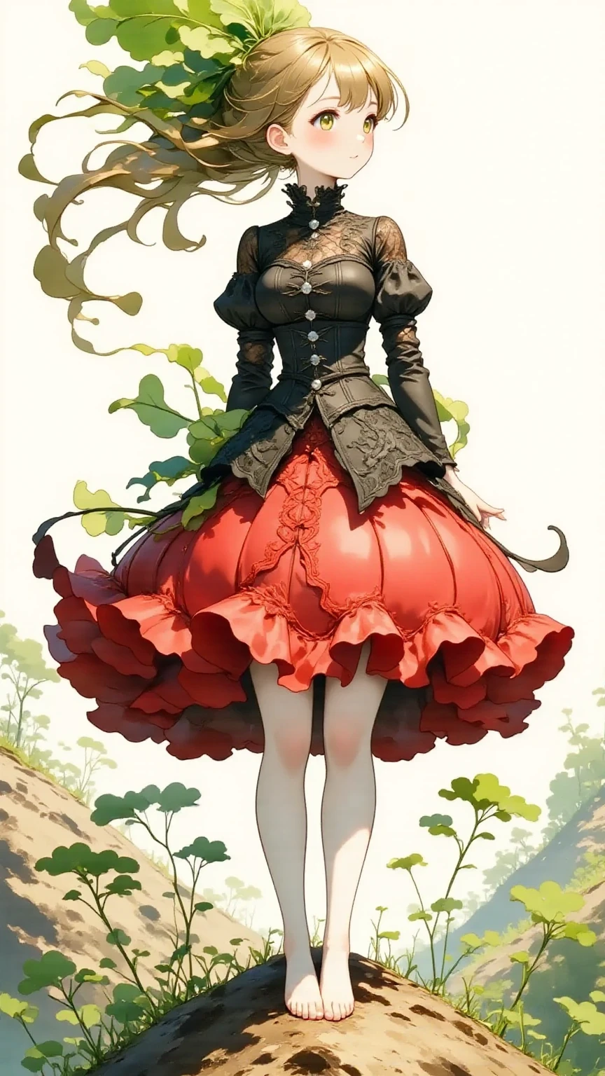 illustration of Daikon lady, focus on the eyes, 1lady, long hair, light brown hair, slim body shape, high contrast, detailed eyes, detailed hair, Position your eyes closer to your nose, 20yo, nari_ko, slight smile, 

Beautiful knees, 
a black blouse with long, 
(lace puff sleeves and silver buttons:1.2), paired with a red bustle skirt, Victorian style, 
a Victorian-era style red bustle skirt with multiple layers of ruffles and a black corset lacing detail at the waist, rich textured fabric, elegant style, Red bustle skirt with short front and long back, 
one foot on a large rock on a hill, 
wide angle view:1.3, 