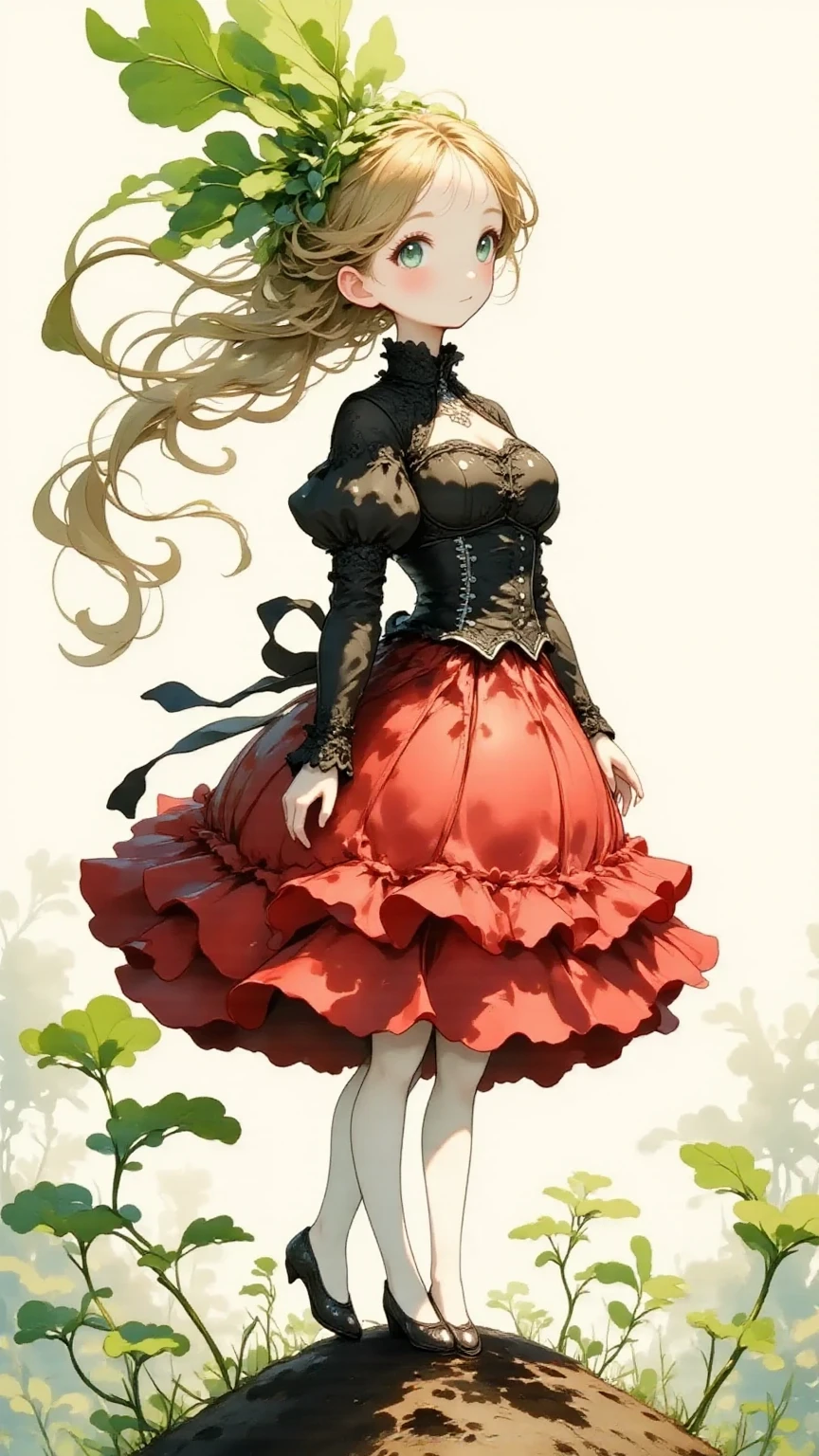 illustration of Daikon lady, focus on the eyes, 1lady, long hair, light brown hair, slim body shape, high contrast, detailed eyes, detailed hair, Position your eyes closer to your nose, 20yo, nari_ko, slight smile, 

Beautiful knees, 
a black blouse with long, 
(lace puff sleeves and silver buttons:1.2), paired with a red bustle skirt, Victorian style, 
a Victorian-era style red bustle skirt with multiple layers of ruffles and a black corset lacing detail at the waist, rich textured fabric, elegant style, Red bustle skirt with short front and long back, 
one foot on a large rock on a hill, 
wide angle view:1.3, 