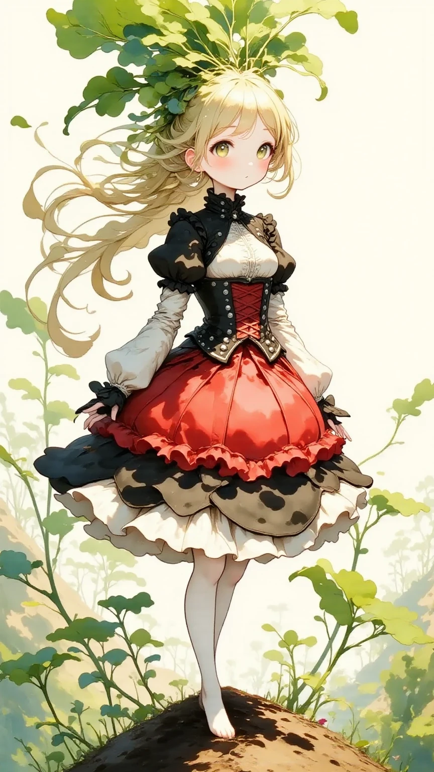 illustration of Daikon lady, focus on the eyes, 1lady, long hair, light brown hair, slim body shape, high contrast, detailed eyes, detailed hair, Position your eyes closer to your nose, 20yo, nari_ko, slight smile, 

Beautiful knees, 
a black blouse with long, 
(lace puff sleeves and silver buttons:1.2), paired with a red bustle skirt, Victorian style, 
a Victorian-era style red bustle skirt with multiple layers of ruffles and a black corset lacing detail at the waist, rich textured fabric, elegant style, Red bustle skirt with short front and long back, 
one foot on a large rock on a hill, 
wide angle view:1.3, 