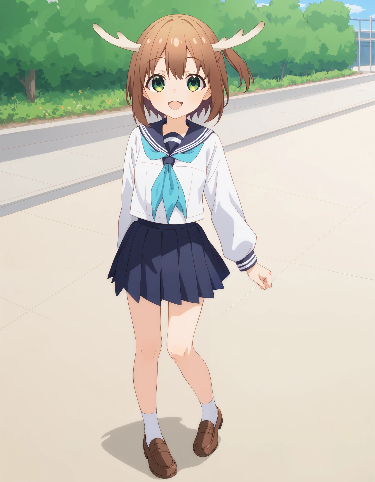 Hd, (littlegirl:1.2) (slender body) (thin body), smile, happy, masterpiece, best quality, highres,2d, anime, 1girl, long hair, one side up, solo, noko shikanoko, short hair, bangs, brown hair, hair between eyes, green eyes, horns, skirt, shirt, long sleeves, school uniform, white shirt, pleated skirt, serafuku, sailor collar, blue skirt, neckerchief, blue sailor collar,, flat breasts, (white skin) happy and confident expression. full body, (ch1ldren playing), short girl, cute girl, (loli:1.2), (ch1ldren:1.2), long straight hair, thin legs, flat chest, flat breasts. (happy, smile, cheerful), Standing, outdoor, looking at viewer, potrait