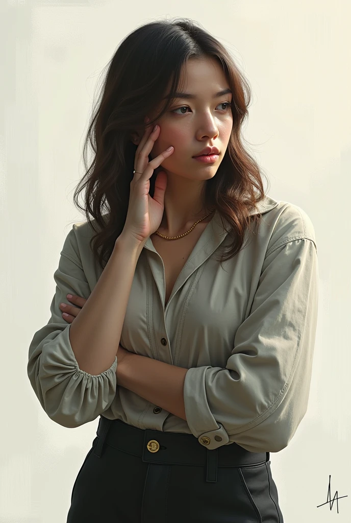 A woman of about 50 years old, with dark brown hair tied in a bun and brown eyes. She has a serious and reserved expression. Wear simple and modest clothes, like a long sleeve blouse and a long skirt, both in neutral colors.