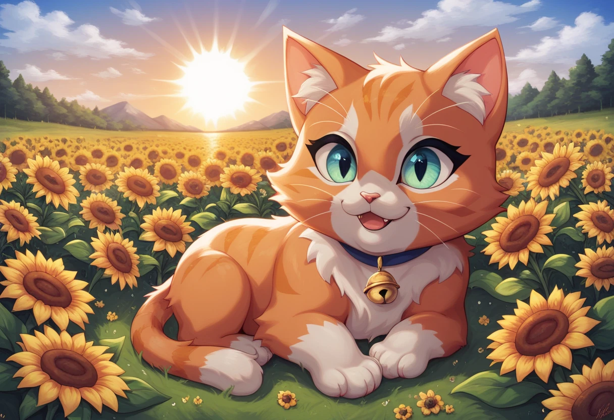  Cat Painting laying in a field of flowers with a sky background, a  Cat Painting,  orange cat ,  Beautiful ,  cute cat in a field of sunflowers ,  Cat Painting, Cats and plants, in a  Cat Painting, 背の高いものBeautiful絵画,  orange cat ,  cat portrait , Under the sun, Cat masterpiece, Cat Details