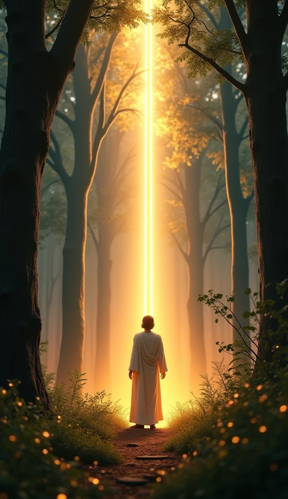 "In a serene and mystical clearing, Vortex raises the glowing sword high into the air, with rays of light cascading down from the sky. The young shaman, kneeling before him, is surrounded by swirling spirits and glowing orbs, gathering the energies of the surrounding nature to complete the ritual. The atmosphere is filled with a sense of renewal and peace as the light gradually returns, dispelling the darkness that once consumed the land. The focus is on the radiant sword and the magical energy being harnessed by the shaman, with a subtle, ethereal glow enhancing the scene."
