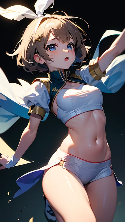 best quality ,masterpiece, 1girl, solo, silica, no skirt, fine detailed shiny eyes, flat chest, highres, wallpaper, 8k, best lighting, extremely detailed illustrations, blush, embarrassed, smile, open mouth, realistic white panties, crotch seam, pantyshot, White background, , dynamic pose, dynamic angle, light clothing, upper body, no skirt, , underwear, undressing, open shirts, cameltoe, spread legs