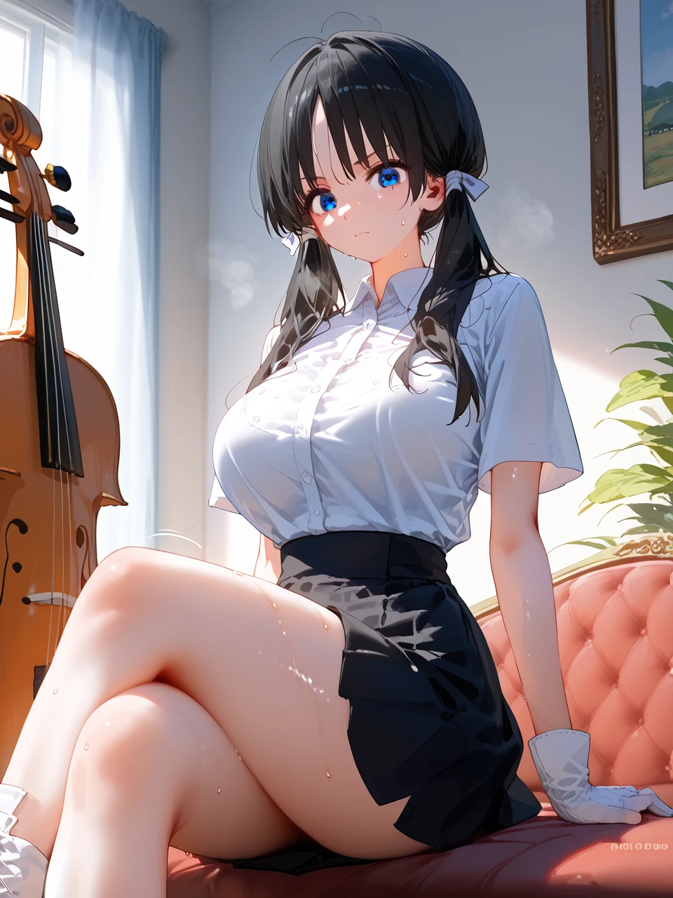 a  fat lovely wife。Look at you with tender eyes（Brown eyes）。One hand brushed his piano and let his bangs slide.，The other hand is behind his back。 is wearing short  dress（Sweaters）medium boob。Black stockings on the  fat legs（A detailed）。Wearing cotton slippers on feet。Dewy, smooth and fair skin。There is a cute hairpin on the head。Perfect fat body proportion。Beautiful fat figure。8 k hd wallpaper, white piano（modern style home）the soft light。Lie down on piano 。With a charming and charming attitude