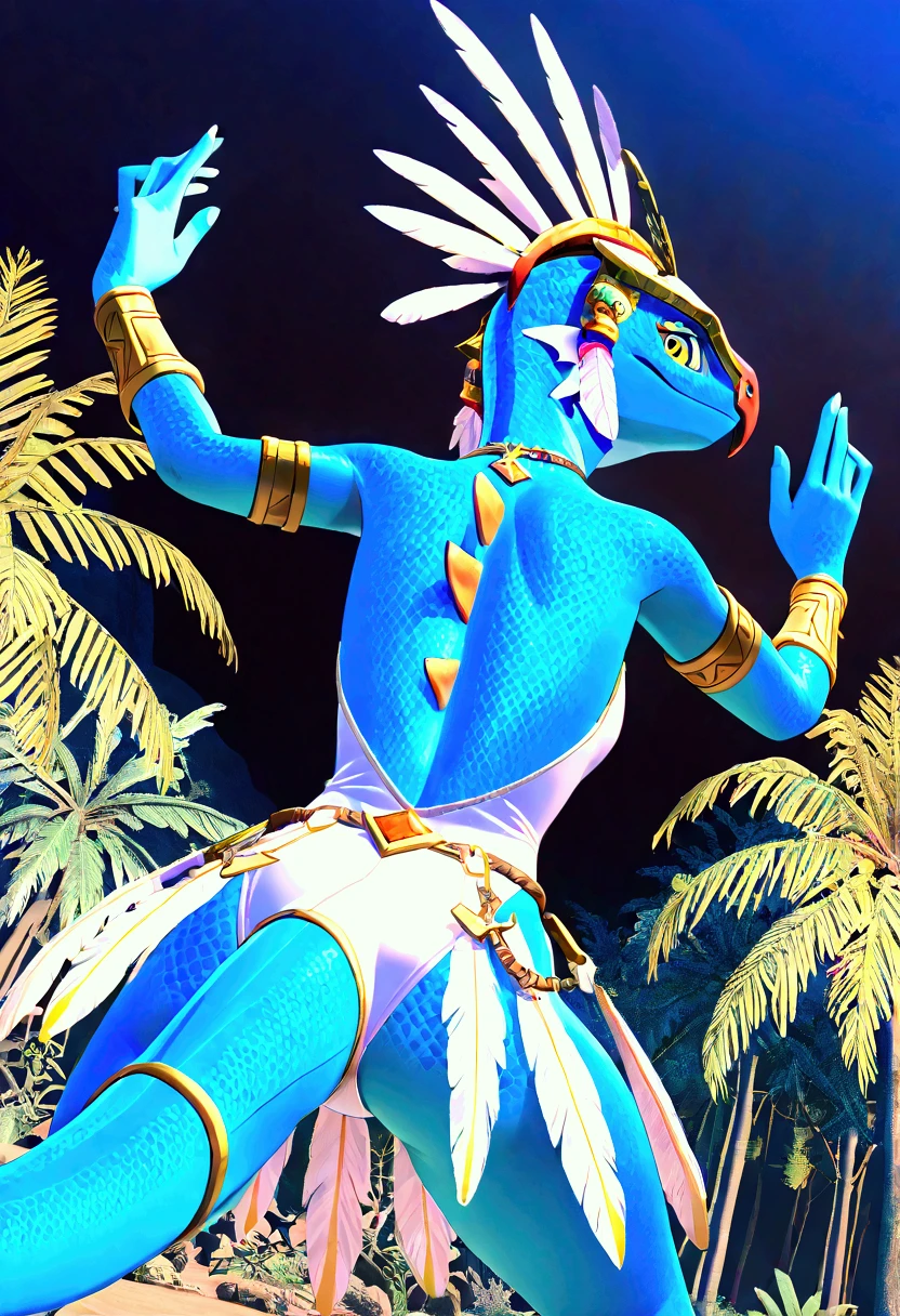 3d , female , SkinkSkirmisher , duo, twins, looking at the viewer seductivly ,scalie ,blue body, blue scales, yellow eyes, simple background, jungle temple background, late night, tropical forest, dense vegetation, wearing edgCarnival, white silver shiny costume with white feathers, one-piece bodysuit, white silver shiny leotard, jewelry, white feather pan headress, white feather skirt, white feathers bracers, close mouth, good hand, dynamic angle, dancing pose, beautiful face, flawless face, detailed eyes, large eyes, beautiful girl, low angle view, dancing, seductive, dancing next to each others, 