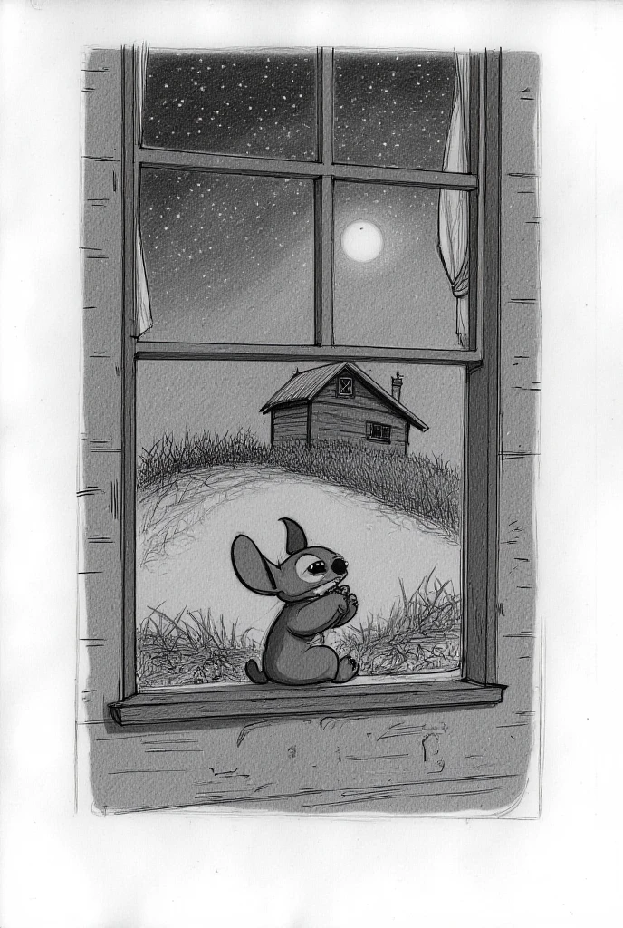  A black and white pencil drawing shows the view from outside the cabin ,  with Disney's Stitch sitting in the window ,  He has his body turned out ,  your arms resting on your legs and hands intertwined ,  looking up at the starry sky .  your expression is sad ,  with his gaze lost in the stars ,  reflecting on his feelings .  The soft light of the moon illuminates partly your face ,  creating a subtle contrast between light and shadow .  The cabin in the background is rustic and simple .  The scene is serene ,  but there is a tone of loneliness in the environment . In the field surrounding the cabin ,  the darkness of the night is predominant ,  but the stars in the sky form a bright and silent contrast with the sadness of Disney's Stitch. He is immersed in your thoughts,  completely oblivious to the outside world .