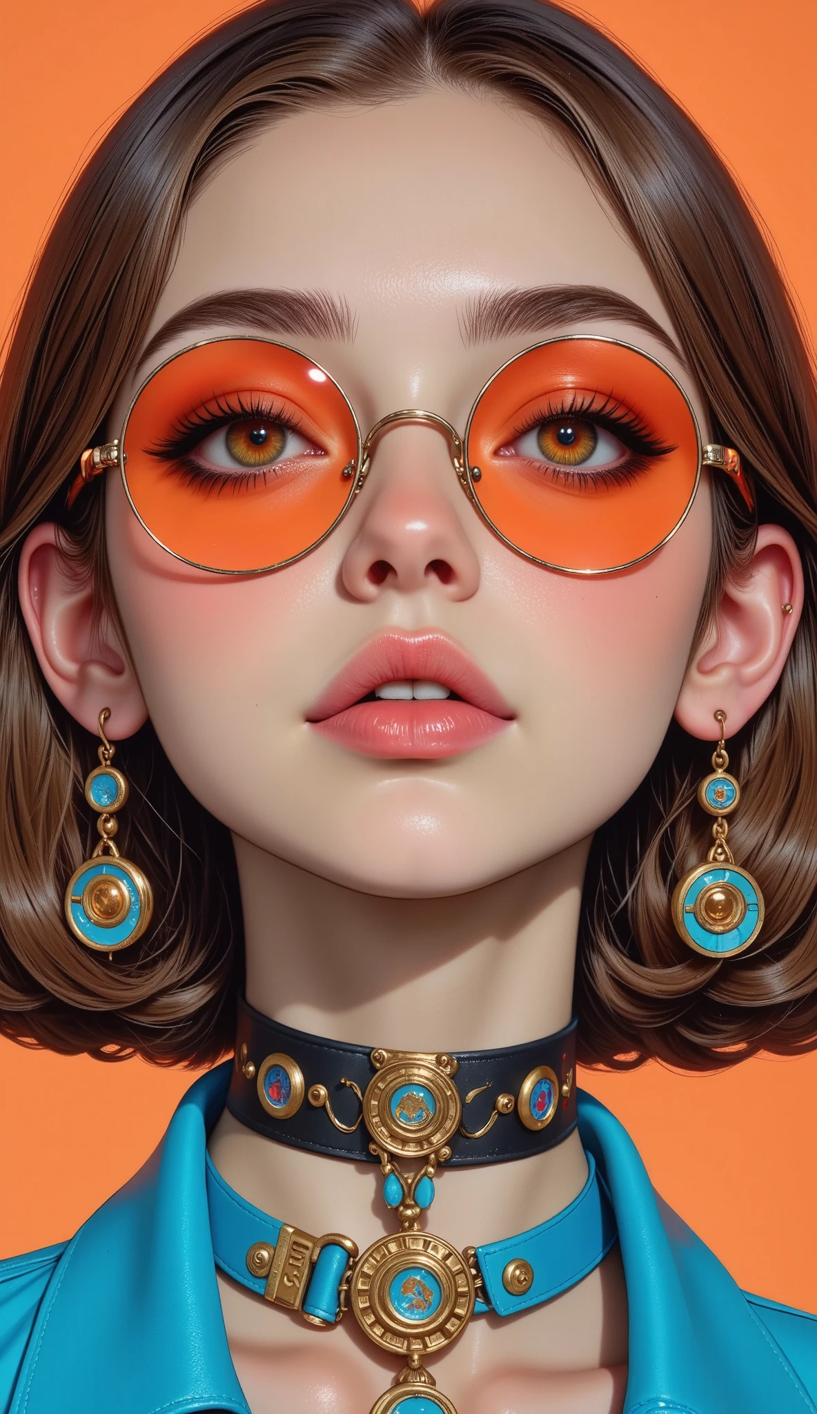 general plan full body, Of a woman with orange makeup and long eyelashes, bright orange eyes, glowing orange eyes , orange eyes, shades of orange and black , big detailed eyes, orange pupils, glowing charcoal eyes , fluffy orange skin, bright peach face , Pop makeup style, shades orange and blue , ORANGE SHADES , big and detailed eyes , glowing eyes, round and cute slanted eyes