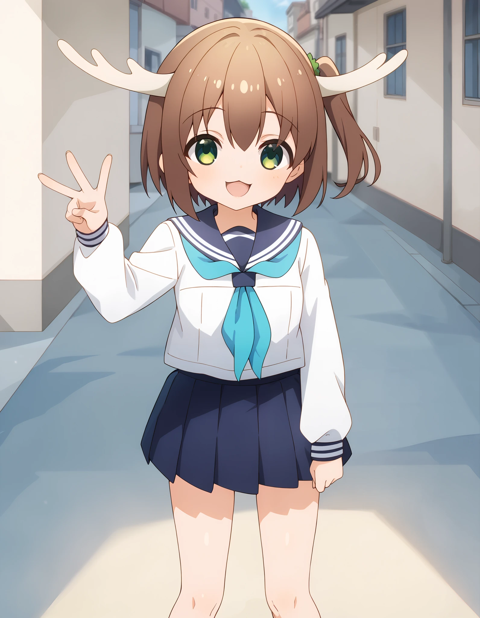 Hd, (girl:1.2) (slender body) (thin body), smile, happy, masterpiece, best quality, highres,2d, anime, 1girl, long hair, one side up, solo, noko shikanoko, short hair, bangs, brown hair, hair between eyes, green eyes, horns, skirt, shirt, long sleeves, school uniform, white shirt, pleated skirt, serafuku, sailor collar, blue skirt, neckerchief, blue sailor collar,, flat breasts, (white skin) happy and confident expression. full body, (ch1ldren playing), short girl, cute girl, (loli:1), (ch1ldren:1.2), long straight hair, thin legs, flat chest, flat breasts. (happy, smile, cheerful), Standing, outdoor, looking at viewer, potrait