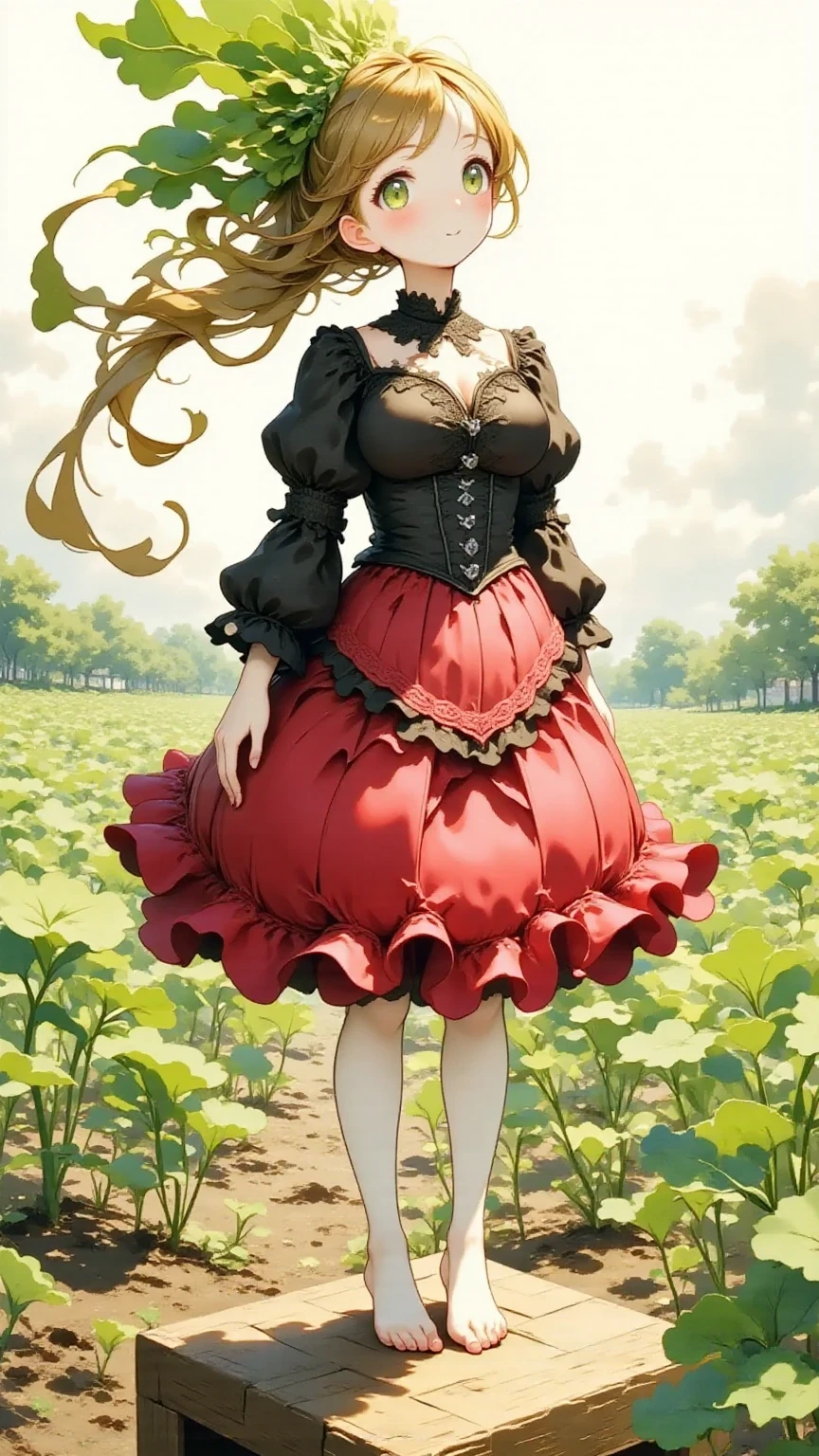 illustration of Daikon lady, focus on the eyes, 1lady, long hair, light brown hair, slim body shape, high contrast, detailed eyes, detailed hair, Position your eyes closer to your nose, 20yo, nari_ko, slight smile, 

Beautiful knees, 
a black blouse with long, 
(lace puff sleeves and silver buttons:1.2), paired with a red bustle skirt, Victorian style, 
a Victorian-era style red bustle skirt with multiple layers of ruffles and a black corset lacing detail at the waist, rich textured fabric, elegant style, Red bustle skirt with short front and long back, 
Radish fields as far as the eye can see, standing on a wooden box placed in a radish field, 
wide angle view:1.3, 