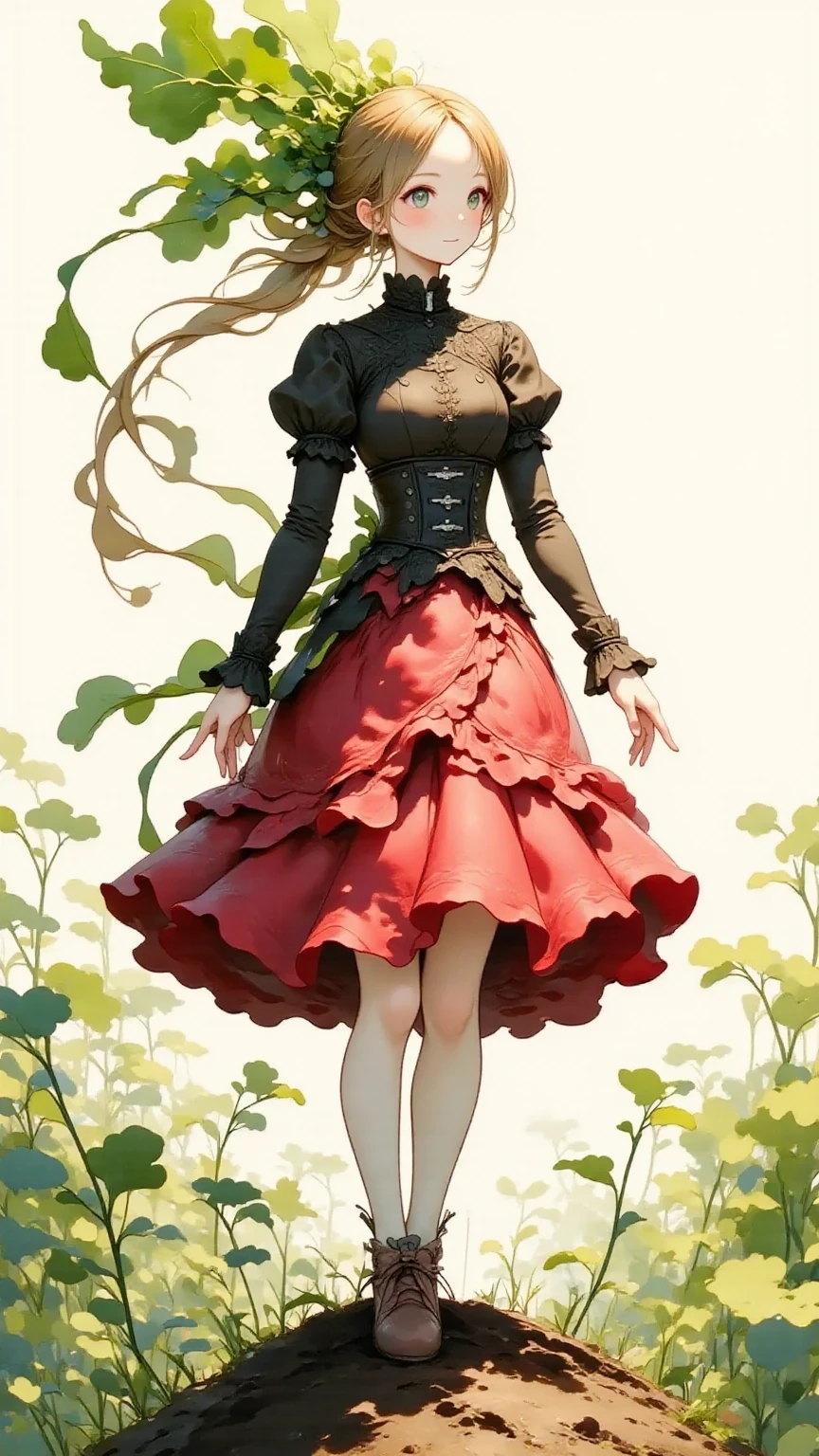 illustration of Daikon lady, focus on the eyes, 1lady, long hair, light brown hair, slim body shape, high contrast, detailed eyes, detailed hair, Position your eyes closer to your nose, 20yo, nari_ko, slight smile, 

Beautiful knees, 
a black blouse with long, 
(lace puff sleeves and silver buttons:1.2), paired with a red bustle skirt, Victorian style, 
a Victorian-era style red bustle skirt with multiple layers of ruffles and a black corset lacing detail at the waist, rich textured fabric, elegant style, Red bustle skirt with short front and long back, 
Radish fields as far as the eye can see, standing on a wooden box placed in a radish field, 
wide angle view:1.3, 