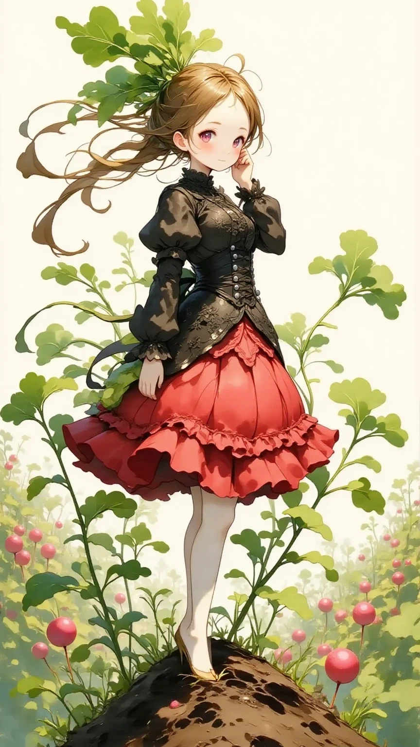 illustration of Daikon lady, focus on the eyes, 1lady, long hair, light brown hair, slim body shape, high contrast, detailed eyes, detailed hair, Position your eyes closer to your nose, 20yo, nari_ko, slight smile, 

Beautiful knees, 
a black blouse with long, 
(lace puff sleeves and silver buttons:1.2), paired with a red bustle skirt, Victorian style, 
a Victorian-era style red bustle skirt with multiple layers of ruffles and a black corset lacing detail at the waist, rich textured fabric, elegant style, Red bustle skirt with short front and long back, 
Radish fields as far as the eye can see, standing on a wooden box placed in a radish field, 
wide angle view:1.3, 