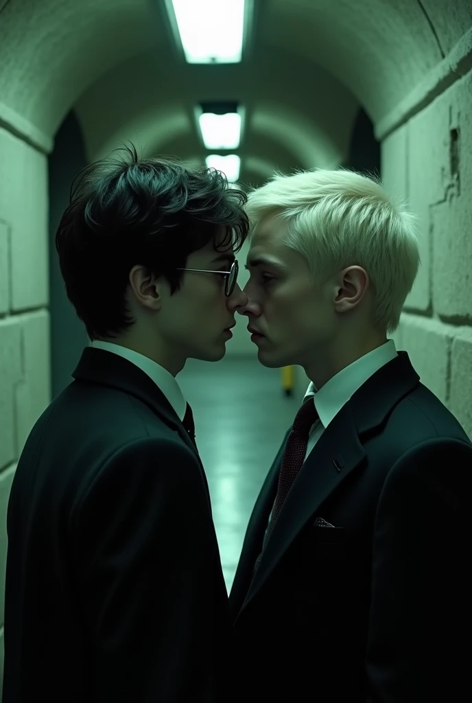Two men, one blond blue eyes and the other dark hair green eyes, both 21 years old, getting married
And kissing