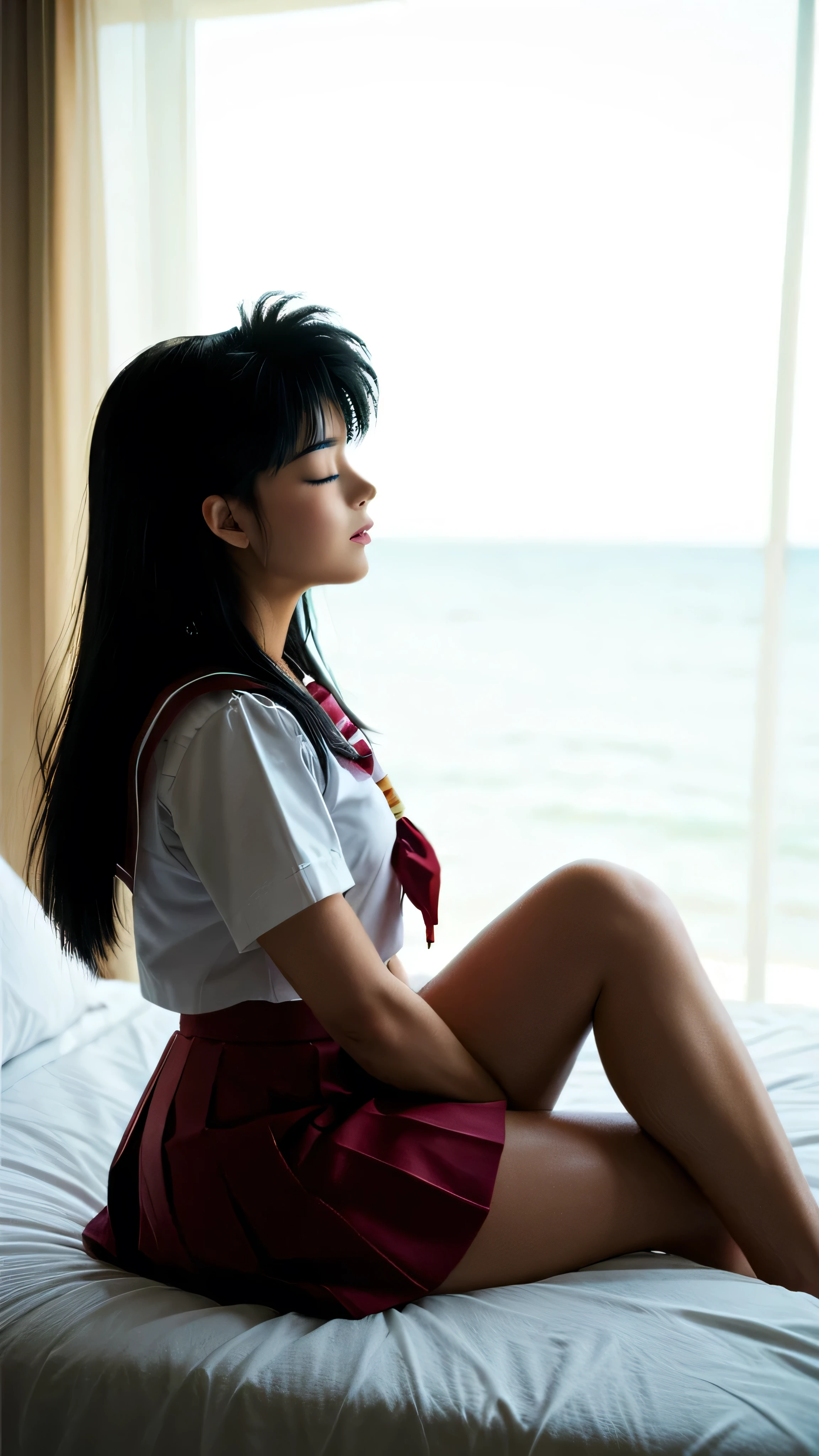Kagome Higurashi chan / inuyasha,  Black hair, a girl, very thoughtful,  long straight black hair,  closed mouth ,  eyes closed , Raised head, she opted for a school uniform,  small breasts,  Not suitable for work ,  big ass,  thick thighs in bed,  wide hips ,  sitting on a seat contemplating the sea,  crossed legs ,  from the side