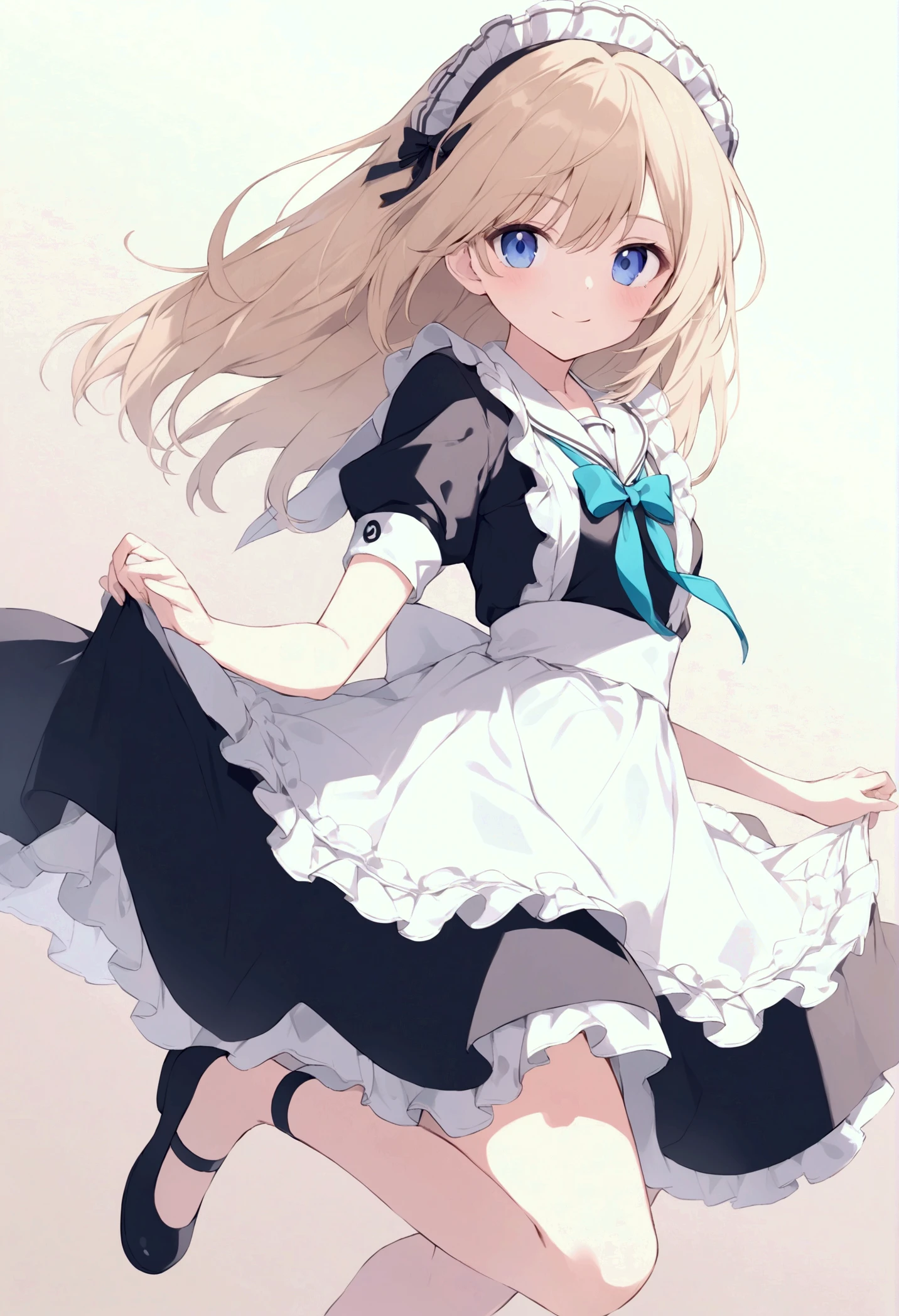 Beautiful girl in maid、(Top quality illustrations:1.2), (pretty girl:1.1), (1 girl、17 years old、Top quality illustrations:1.2), (1 girl、Kind eyes、blue eyes:1.2)、Blonde、Semi-long hair、Mature、(Black and white maid costume) 、from behind, from below, hip focus、White background、Simple Background