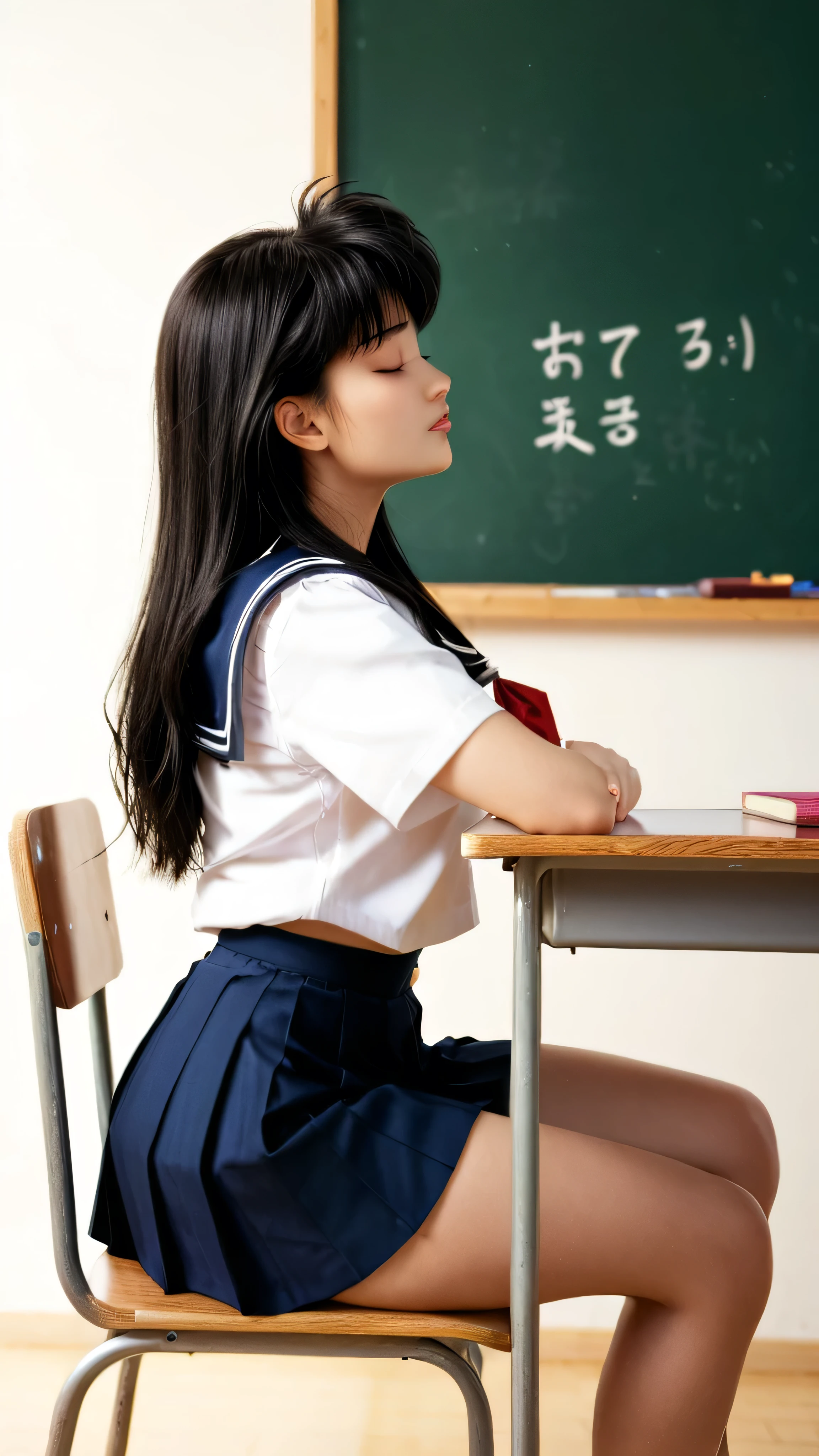 Kagome Higurashi chan / inuyasha, Black hair, a girl, very thoughtful, long straight black hair, closed mouth , eyes closed , Raised head, she opted for a school uniform, small breasts, Not suitable for work , big ass, thick thighs in bed, wide hips , sitting on a chair, crossed legs , from the side, classroom