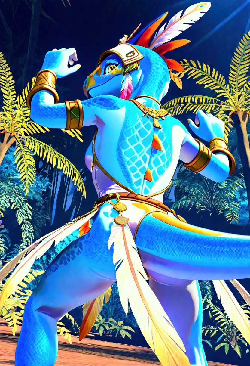 3d , female , SkinkSkirmisher , solo, looking at the viewer seductivly ,scalie ,blue body, blue scales, yellow eyes, simple background, jungle temple background, late night, tropical forest, dense vegetation, wearing edgCarnival, white silver shiny costume with white feathers, one-piece bodysuit, white silver shiny leotard, jewelry, white feather pan headress, white feather skirt, white feather pan bracers, close mouth, good hand, dynamic angle, dancing pose, beautiful face, flawless face, detailed eyes, large eyes, beautiful girl, low angle view, dancing, seductive, from behind, back, rear back,