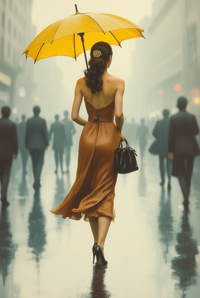 Oil painting of a woman in a brown dress and heels walking with an umbrella, full length, in impressionism style, on a light gray background, raindrops on the ground, yellow umbrella, black handbag and blurred passing people by, white aesthetic and vintage oil paint , high quality v3, (Ultra-HD detail)
