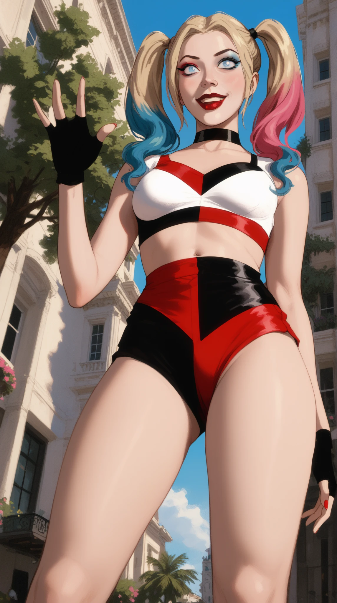 1girl, twintails, multicolored hair, blonde hair, blue hair, pink hair, blue eyes, Medium round breasts, choker, black choker, micro high waist shorts, crop top, navel, fingerless gloves, makeup, lipstick, red lips, happy, excited, naughty expression, sexy, looking to the viewer, standing, Full body, barefoot, feet close, feet on the viewer, seducing, Very low angle, viewed from below, dinamic pose, dinamic angle, semi realistic art style, Cartoon, outdoor