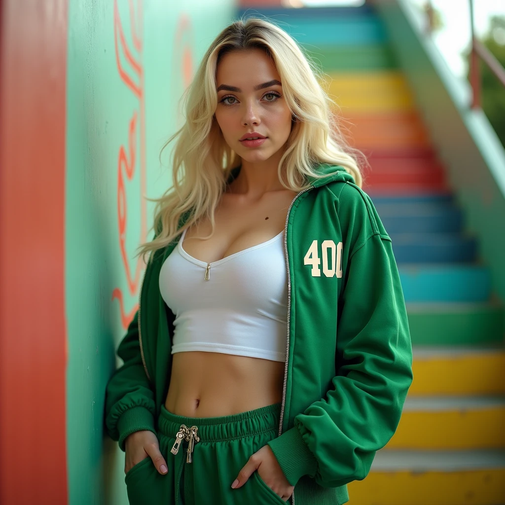 RAW photo, a 20-year-old Brazilian woman, blonde balayage, long hair, medium size breast, hour glass shaped body, (soft backlight), realistic, masterpiece, highest quality, [[chromatic aberration]],best shadow, photorealism, hyperrealism, outside in baggy clothing, dancing