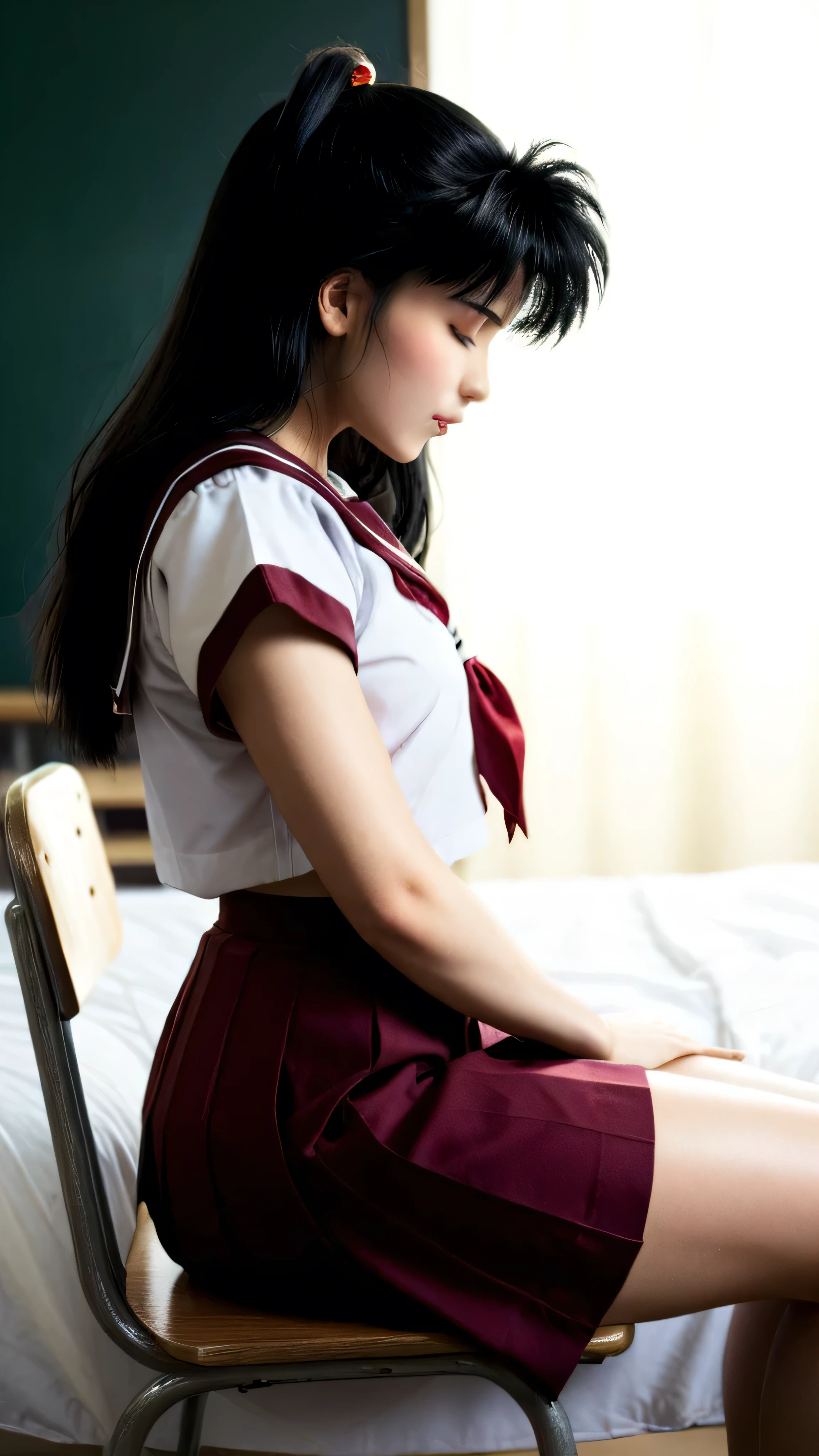 Kagome Higurashi chan / inuyasha, Black hair, a girl, very serious , long straight black hair, closed mouth , eyes closed , she opted for a school uniform, small breasts, Not suitable for work , big ass, thick thighs in bed, wide hips , sitting on a chair, crossed legs , from the side, classroom
