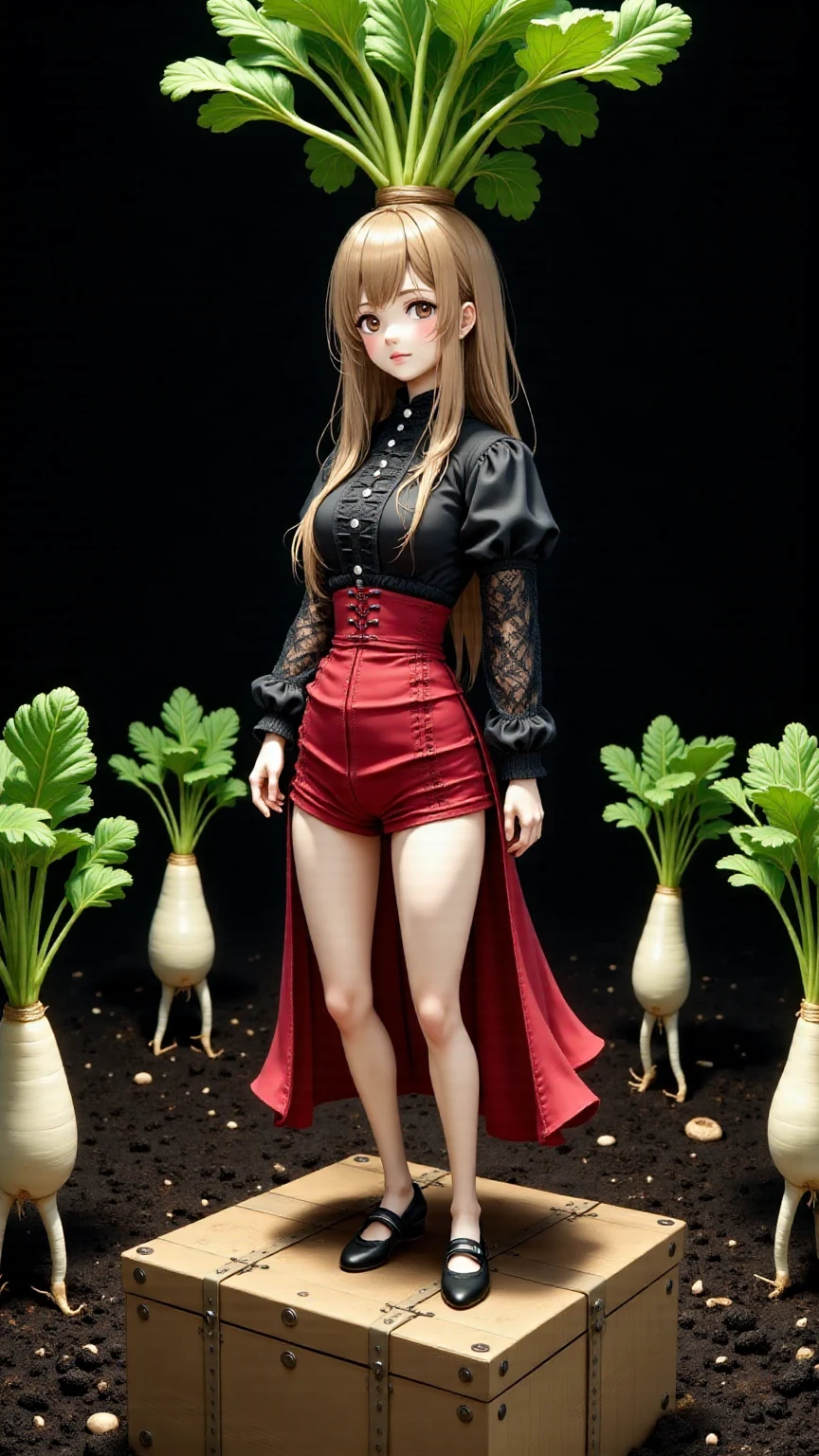 illustration of Daikon lady, focus on the eyes, 1lady, long hair, light brown hair, slim body shape, high contrast, detailed eyes, detailed hair, Position your eyes closer to your nose, 20yo, nari_ko, slight smile, 

Beautiful knees, 
a black blouse with long, 
(lace puff sleeves and silver buttons:1.2), paired with a red bustle skirt, Victorian style, 
a Victorian-era style red bustle skirt with multiple layers of ruffles and a black corset lacing detail at the waist, rich textured fabric, elegant style, Red bustle skirt with short front and long back, 
Radish fields as far as the eye can see, standing on a wooden box placed in a radish field, 
wide angle view:1.3, 