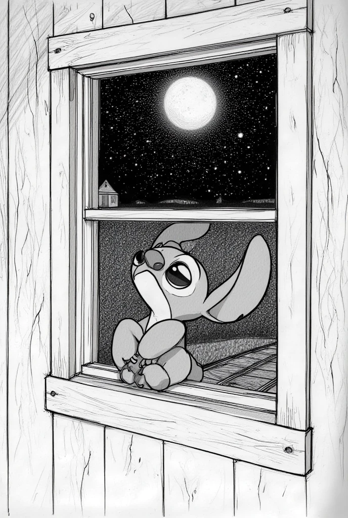  A black and white pencil drawing shows the view from outside the cabin ,  with Disney's Stitch sitting in the window ,  He has his body turned out ,  your arms resting on your legs and hands intertwined ,  looking up at the starry sky .  your expression is sad ,  with his gaze lost in the stars ,  reflecting on his feelings .  The soft light of the moon illuminates partly your face ,  creating a subtle contrast between light and shadow .  The cabin in the background is rustic and simple .  The scene is serene ,  but there is a tone of loneliness in the environment . In the field surrounding the cabin ,  the darkness of the night is predominant ,  but the stars in the sky form a bright and silent contrast with the sadness of Disney's Stitch. He is immersed in your thoughts,  completely oblivious to the outside world .