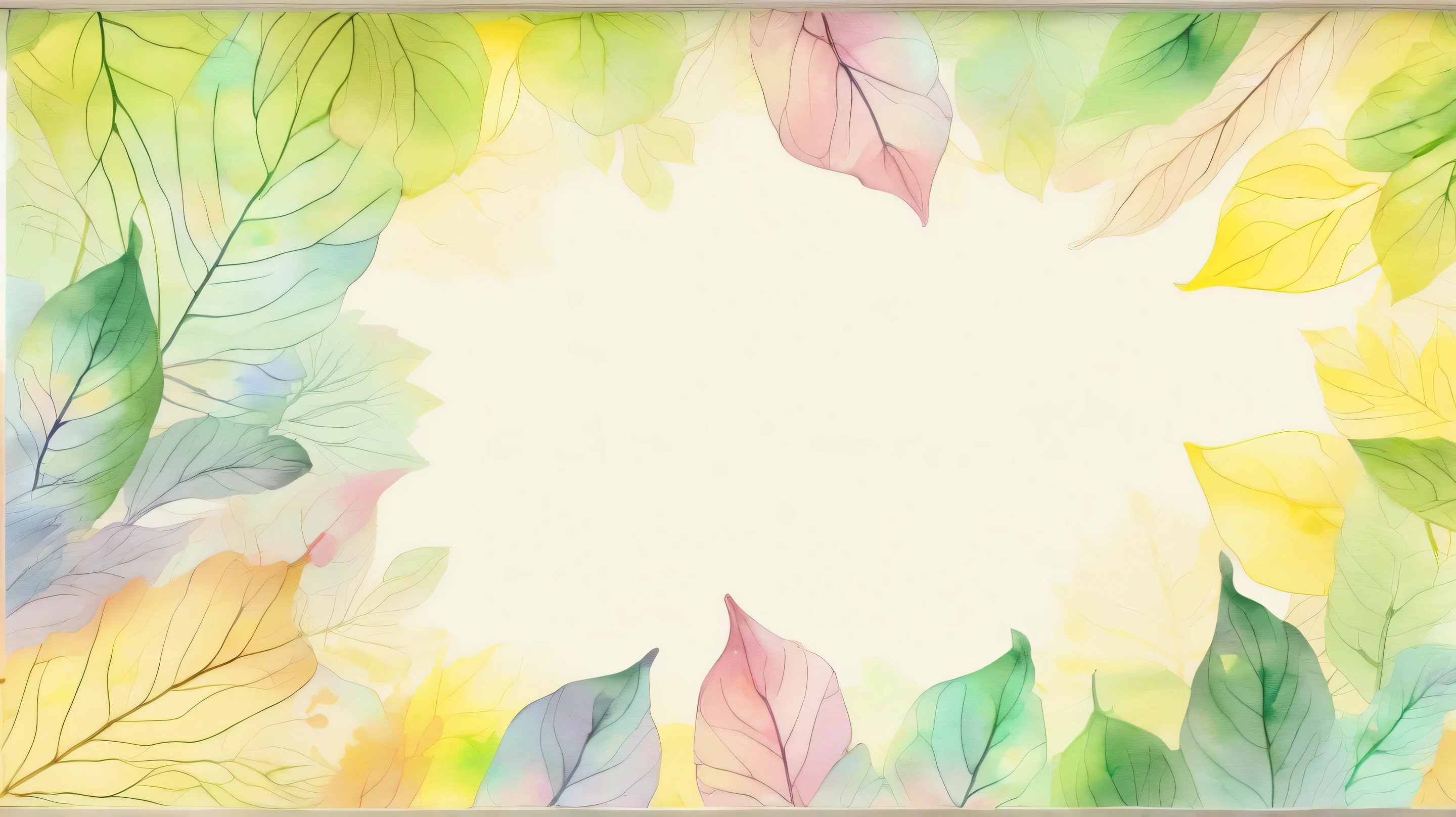  pale watercolor leaf pattern。 with gentle pastel colors at the center 、 transparent light tones spread 。The background has a soft gradation 、yellow、Green harmonizes 。It comes in a variety of sizes、 bleeding outlines 。 with a soft and delicate atmosphere throughout 、 gentle and dreamy art style。