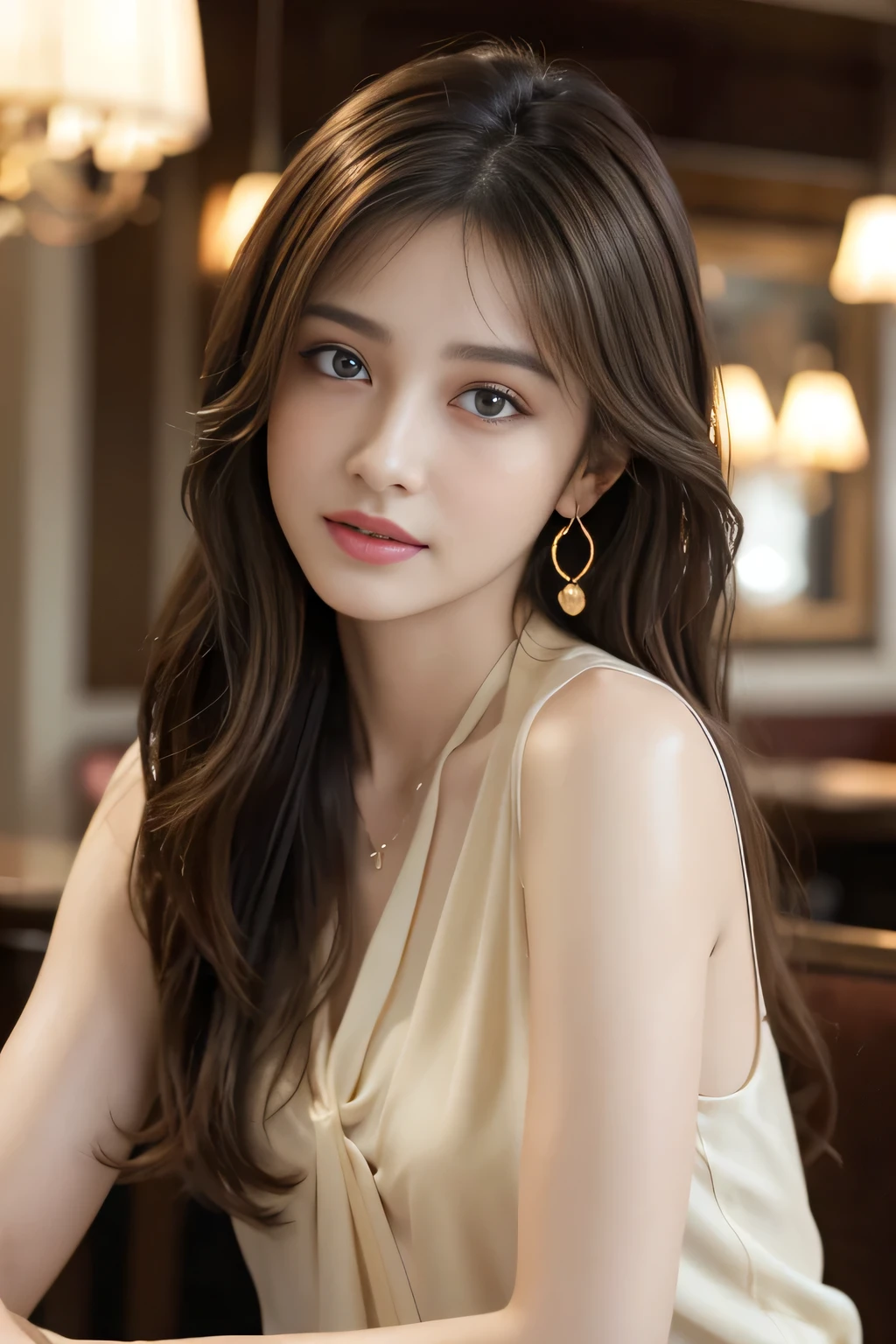 Highest quality、High resolution、8k wallpaper、Dense and beautiful eye-glue hair、(Beautiful breasts:1.3)、Natural color lip、25-year-old woman、Brown Hair、smile、Semi-long hair、Hair tied up、Wearing a necklace and earrings、Wearing cute black clothes、Inside the house、Home drinking、low table、sitting on a cushion
