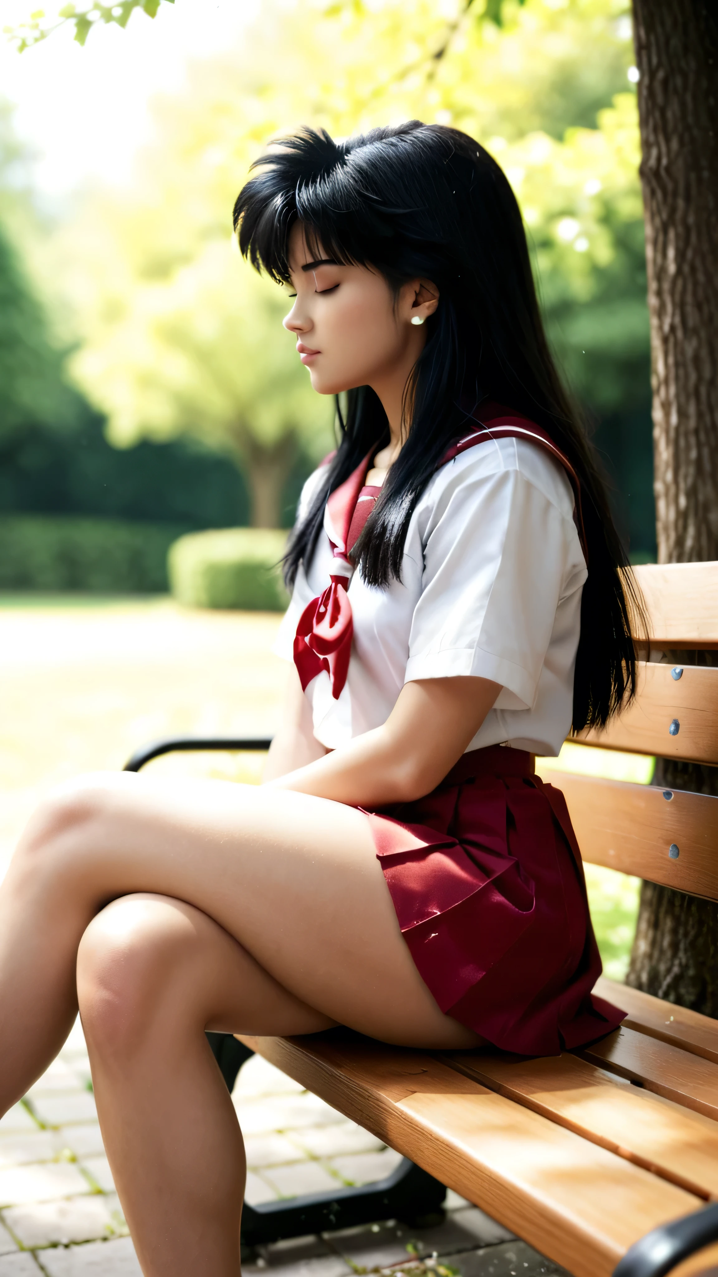 Kagome Higurashi chan / inuyasha,  Black hair, a girl,  very serious  ,  long straight black hair,  closed mouth ,  eyes closed ,  she opted for a school uniform,  small breasts,  Not fit for work ,  big ass,  thick thighs in bed,  wide hips ,  sitting on a bench in the park,  crossed legs ,  from the side