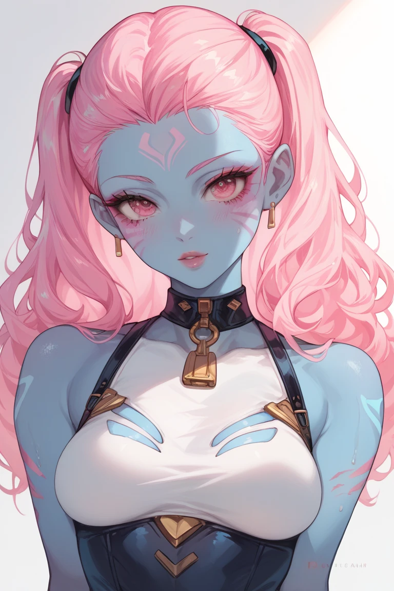 Half-length statue of a girl，to HD，4K，The face is expressionless，anime style，front side，White background，Blue eyes，hot pink hair
