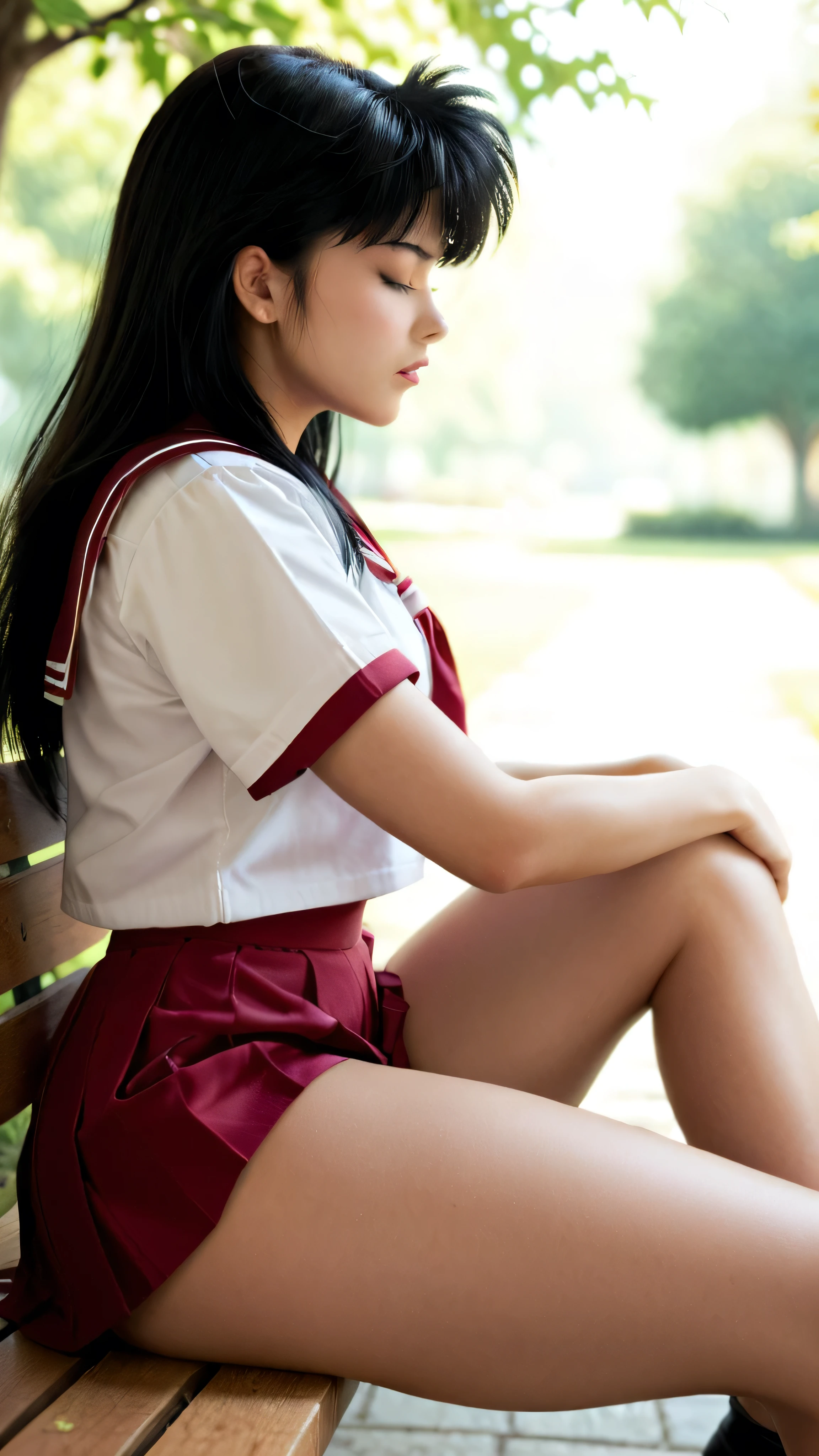 Kagome Higurashi chan / inuyasha,  Black hair, a girl,  very serious  ,  long straight black hair,  closed mouth ,  eyes closed ,  she opted for a school uniform,  small breasts,  Not fit for work ,  big ass,  thick thighs in bed,  wide hips ,  sitting on a bench in the park,  crossed legs ,  from the side