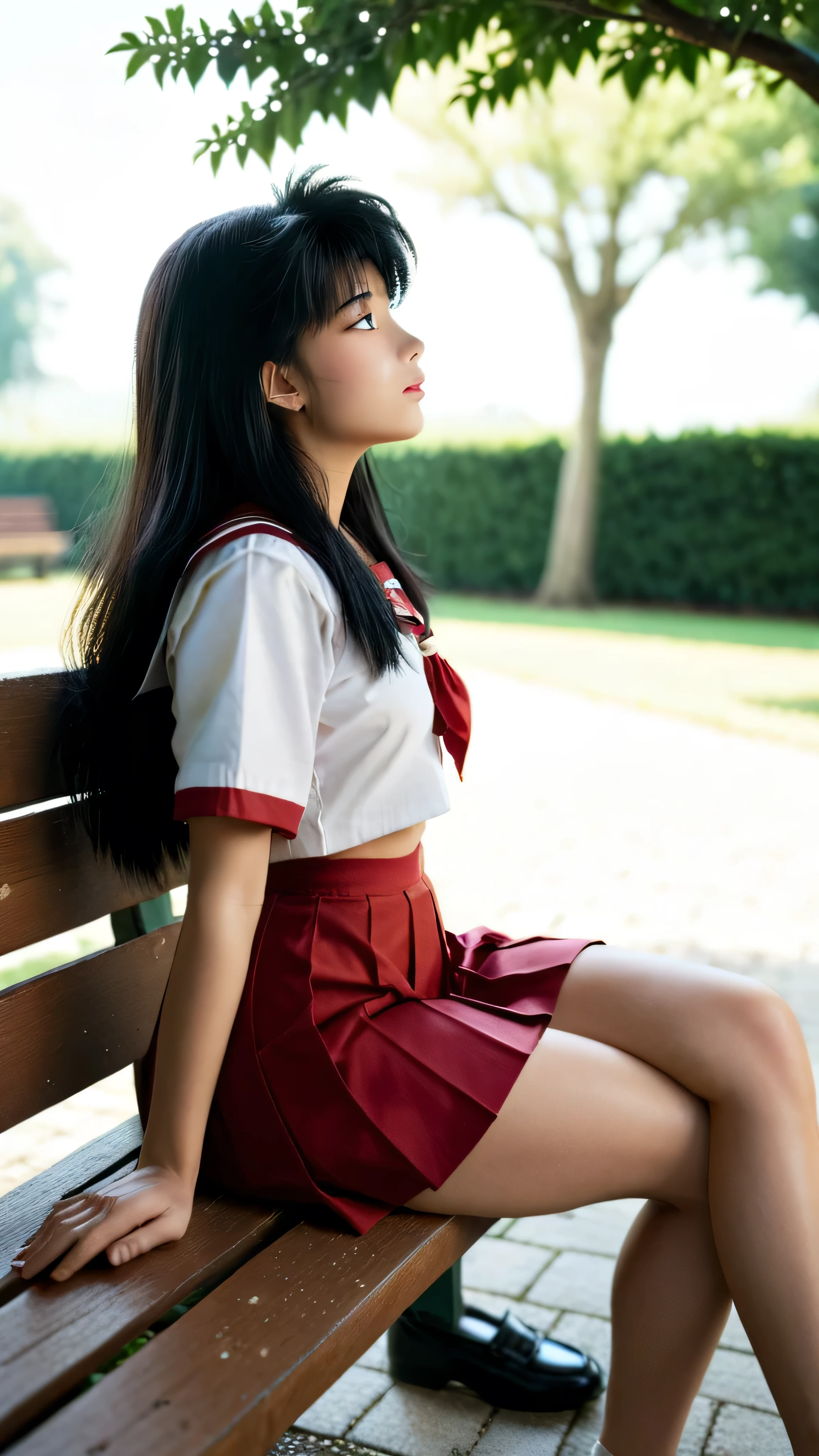 Kagome Higurashi chan / inuyasha,  Black hair, a girl,  very serious  ,  long straight black hair,  closed mouth , Open eyes looking up at the sky ,  she opted for a school uniform,  small breasts,  Not fit for work ,  big ass,  thick thighs in bed,  wide hips ,  sitting on a bench in the park,  crossed legs ,  from the side
