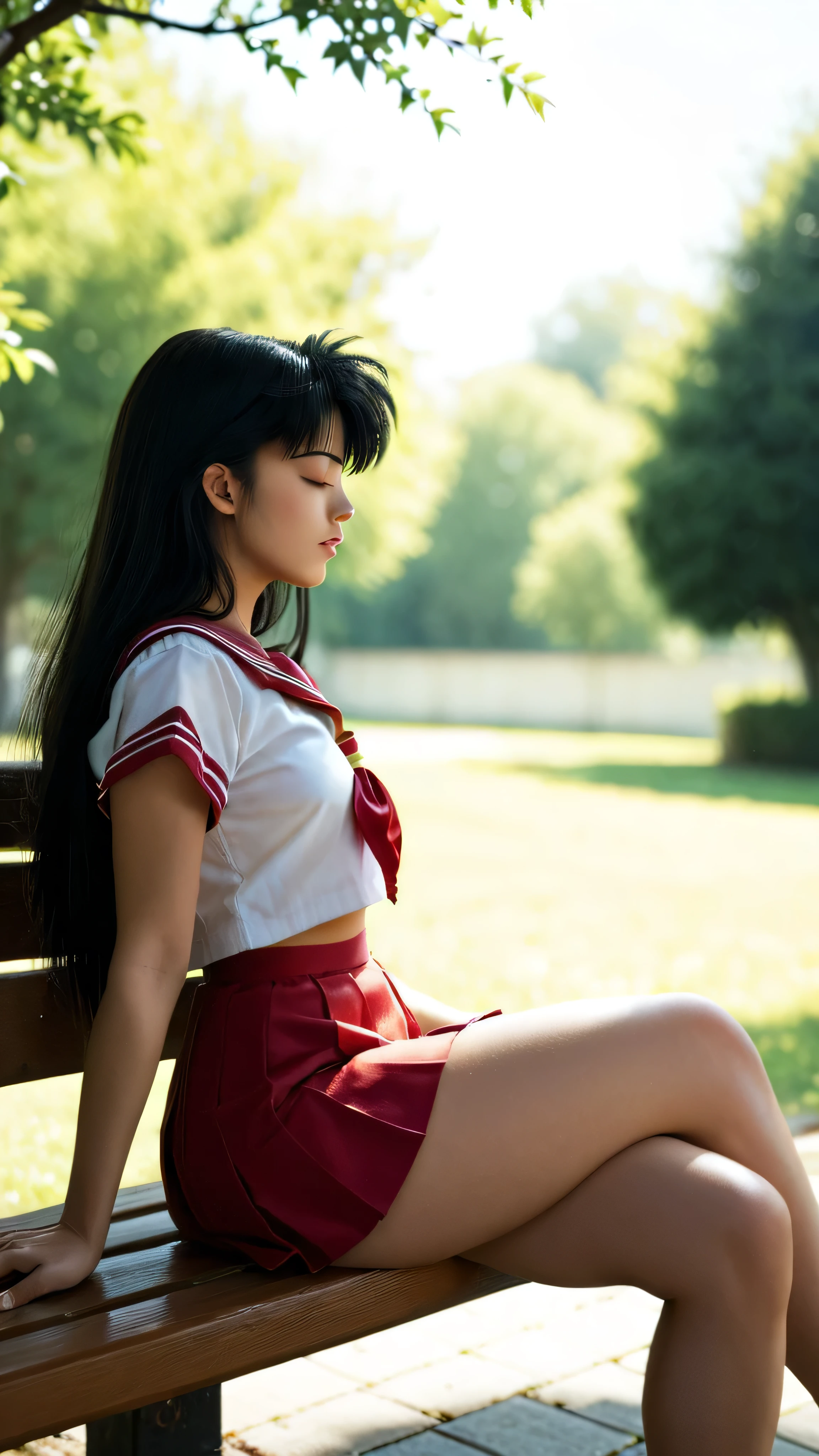 Kagome Higurashi chan / inuyasha,  Black hair, a girl,  very serious  ,  long straight black hair,  closed mouth ,  eyes closed ,  she opted for a school uniform,  small breasts,  Not fit for work ,  big ass,  thick thighs in bed,  wide hips ,  sitting on a bench in the park,  crossed legs ,  from the side