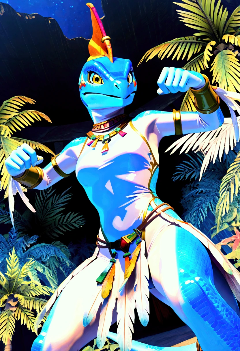 3d , female , SkinkSkirmisher , solo, looking at the viewer seductivly ,scalie ,blue body, blue scales, yellow eyes, simple background, jungle temple background, late night, tropical forest, dense vegetation, wearing edgCarnival, white silver shiny costume with white feathers, one-piece bodysuit, white silver shiny leotard, jewelry, white feather pan headress, white feather skirt, bracers with white feathers, close mouth, good hand, dynamic angle, dancing pose, beautiful face, flawless face, detailed eyes, large eyes, beautiful girl, low angle view, dancing, seductive, 