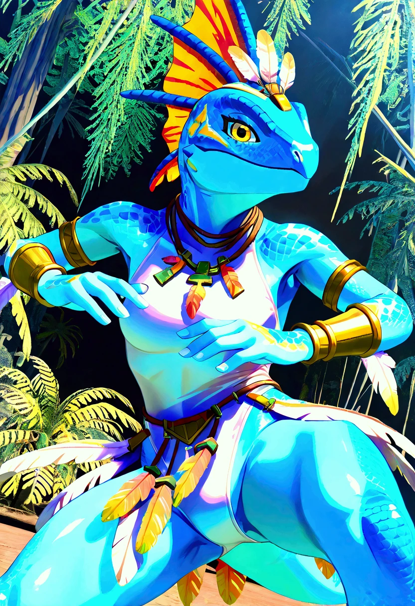 3d , female , SkinkSkirmisher , solo, looking at the viewer seductivly ,scalie ,blue body, blue scales, yellow eyes, simple background, jungle temple background, late night, tropical forest, dense vegetation, wearing edgCarnival, white silver shiny costume with white feathers, one-piece bodysuit, white silver shiny leotard, jewelry, white feather pan headress, white feather skirt, bracers with white feathers, close mouth, good hand, dynamic angle, dancing pose, beautiful face, flawless face, detailed eyes, large eyes, beautiful girl, low angle view, dancing, seductive, 