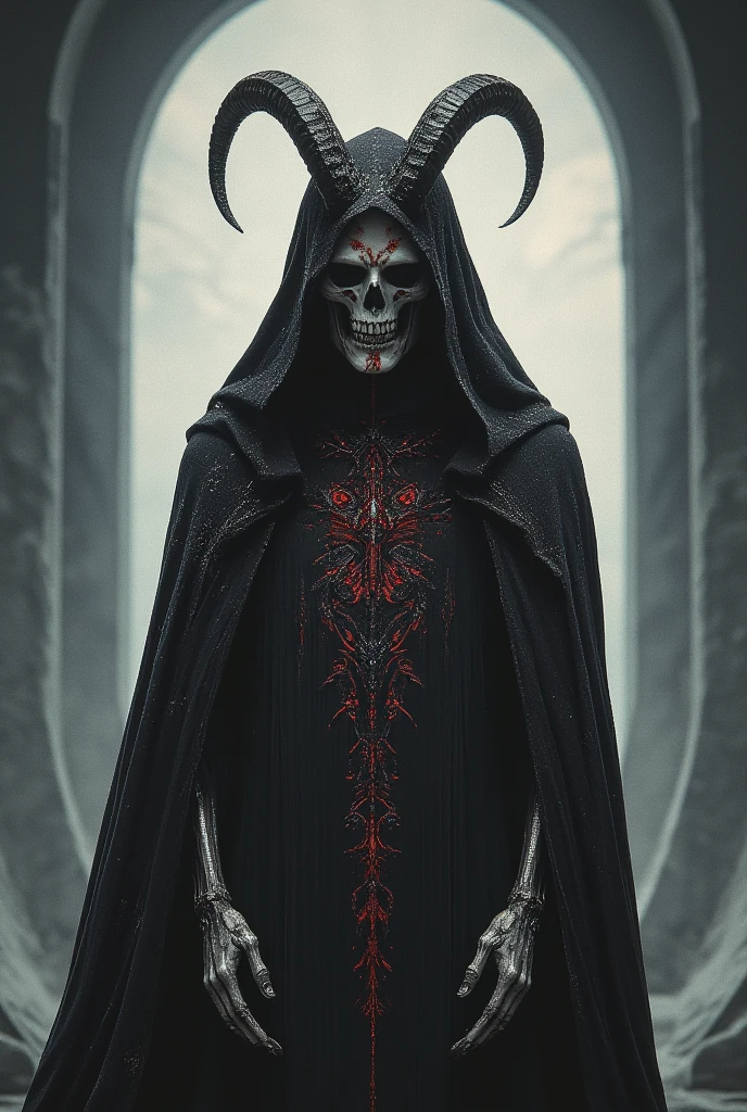 Dark fonk, grim reaper aesthetic with goat horn album cover. high quality v3, (Ultra-HD detail), black and red filigree, minimalism, full length, wide angle, centered, no cropping) - - ar 916 --style raw --stylize 1000.
