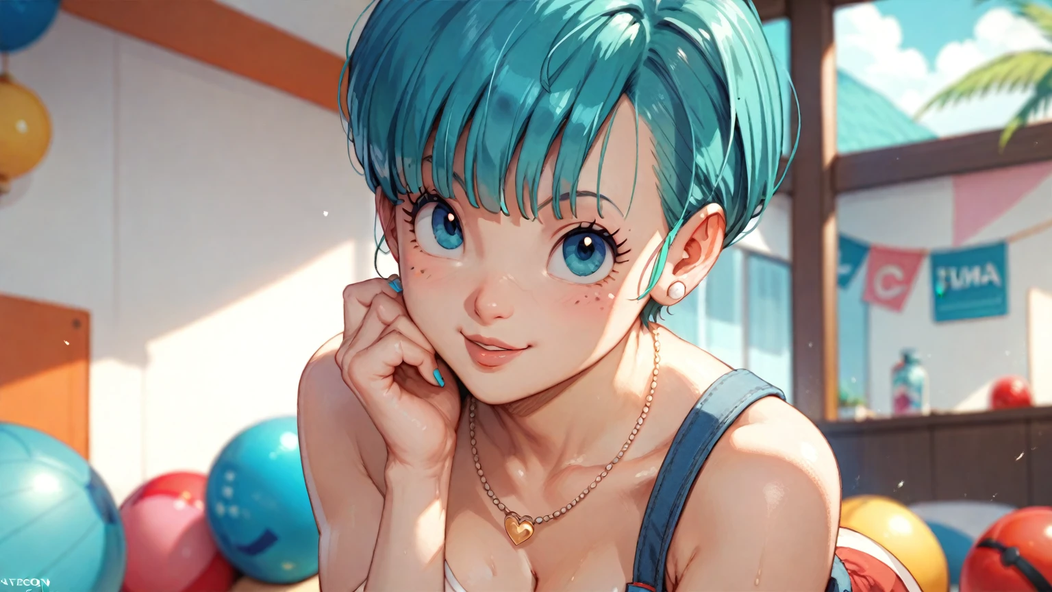 (Hyper realistic, real, human, realism) ( cloudy blue sky, beach , sand, palm trees ) (Bulma ,1girl , (blue long hair, bangs), (blue eyes), ( pink dress, belt on stomach ) , small diamond earrings ) <lora:add_detail:0.6> (water, aqua, sweaty,) (sun cream) ( umbrella shade) ( ( sun burn skin) ( tanned skin), pink minidress (adult girl in her 20s)
(WATER DROPS ) <lora:bulma_v1_1:0.6> (upperbody portrait )