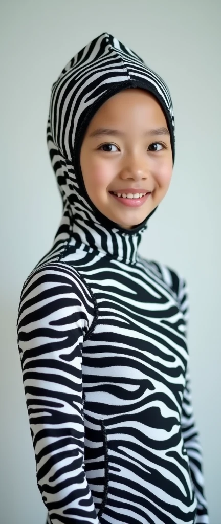 A beautiful Muslimah girl with nice cheeks wear tiger print Lycra turtleneck unitard catsuit and tiger print Lycra dancewear hijab-like hood that is very stretchy.