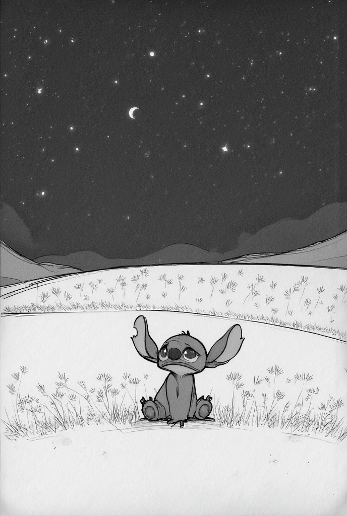  A black and white pencil drawing shows Stitch from Disney Sitting alone in the field,  with your legs stretched and your hands resting on the floor next to .  He's looking up at the stars ,  but your expression reveals an emptiness and a lack of sparkle in the eyes .  The stars in the sky seem farther away ,  as if they were losing their meaning to him .  The moonlight illuminates the field softly around ,  but the darkness seems denser ,  creating an atmosphere of desolation .

  Disney's Stitch is in a relaxed posture ,  but there's a slight curve in his shoulders ,  as if the weight of your loss were being physically reflected .  Her expression is melancholic , almost disinterested ,  as if the enchantment of the stars and the night were no longer enough to fill it .  The surrounding field is vast and silent ,  but even with all the stillness ,   Disney's Stitch feels even more lonely ,  without the connection he previously found in exchange messages .

 The scene conveys a sense of disconnection ,  where what was once a consolation now seems unattainable and distant ,  reinforcing the emptiness that Stitch from Disney feels after the removal of the messages .