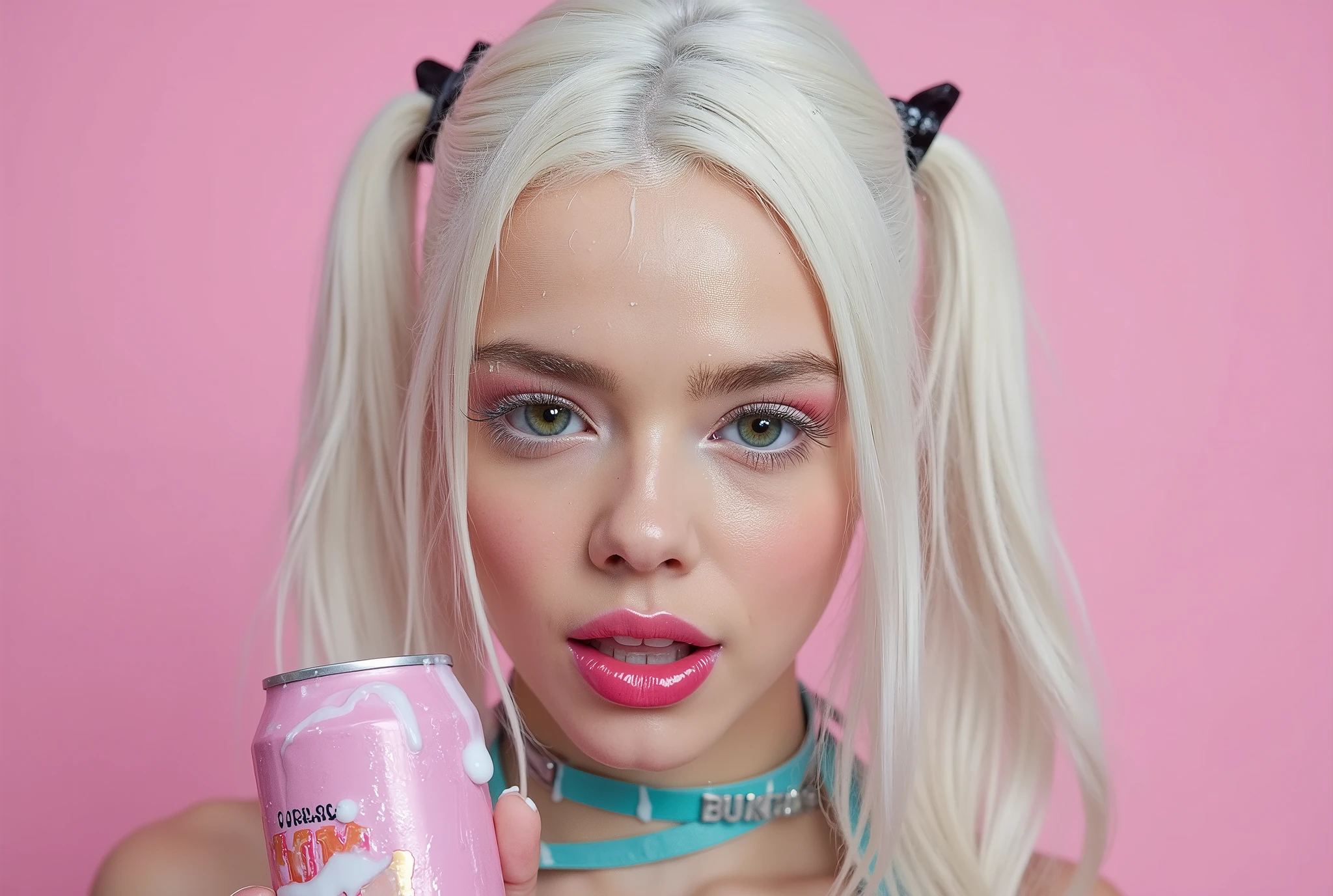 Beautiful young albino girl with bright green eyes, long straigt platina blond hair with a pigtails, light pink plane background , porcelain skin , (Thick turqouse leather choker with silver text "BUKKAKE"), Cumface teen with lots of white, sticky, wet, Here Mouth is slitly open and she got Cum in here mouth, white transucent cum all over here face, (Cum on face), Cum on forehead, Dripping cum, (she is holding pink CocaCola can text in gold " CocoCola CUM" just under here narrow chin with the text "CocaCola CUM" whitten in gold on the can), the white canis stained with white sticky cum, Ultra detaild skin,slighty freckles, photo ultra-realistic, hyper-detailed , Vogue photo shoot , cinematic, narrow cute cheek, big lfull ips with glossy pink lipstick, extra long thick eyelashes, pink blush on here cheeks,