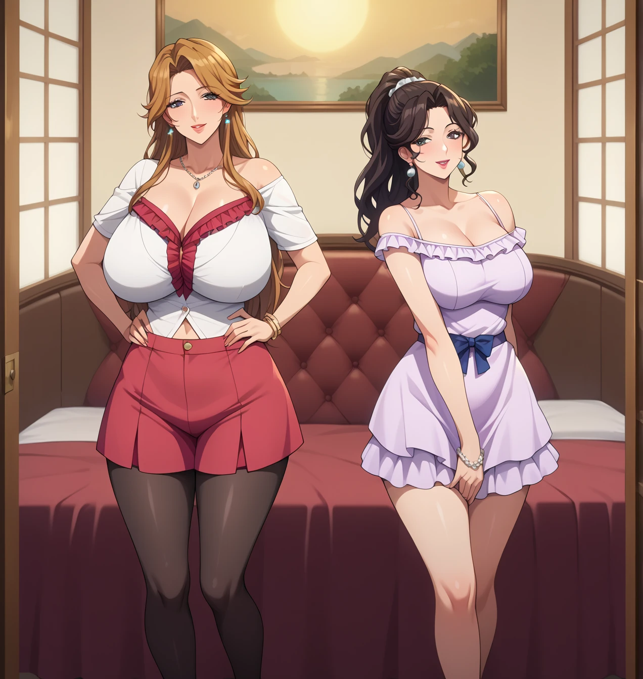 2 girl, mother and daugther, mature female, older, gigantic breasts, milf, motherly, wide hips, long hair, straight hair, parted bangs, black long hair, black eyes, roupa de fazendeiro off-shoulder, score_9, score_8_up, score_7_up, score_6_up, source_anime, beautiful face, expressive eyes, looking at viewer, dramatic lighting, anime screencap, expressão tímida, cabelo longo e preto, mostrando o decote.
Altura: 1,72m

Peso: 72 kg

Busto: 88 cm

Cintura: 64 cm

Quadril: 92 cm