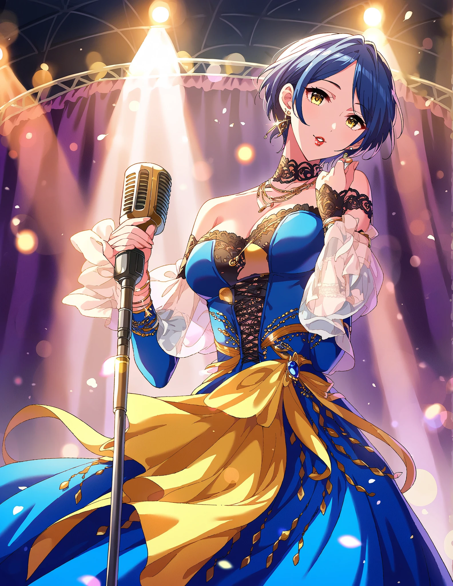 score_9, score_8_ up, score_7_ up,  source_Anime,
 1 GIRL,  beautiful woman, Alone,  idol concert, Singing ,  is standing,  stare at viewers,  BLUE STAGE ,  mysterious in another dimension, cigarette, curtain,  STAGE LIGHT , multicolored lighting,  microphone stand , 
 Hymns,  short hair,  Blue Hair,  split bang ,  medium breasts,  yellow eyes,
lipstick,  detailed eyes,  eyelash ,  eyeliner that reaches its climax,   jewelry,  necklace,  bracelet,  earrings, 
  idol costume  ,  SHINY BLUE DRESS,  CROSS LACE SLEEVES , black embroidery ,  Long Skirt,  side slits,